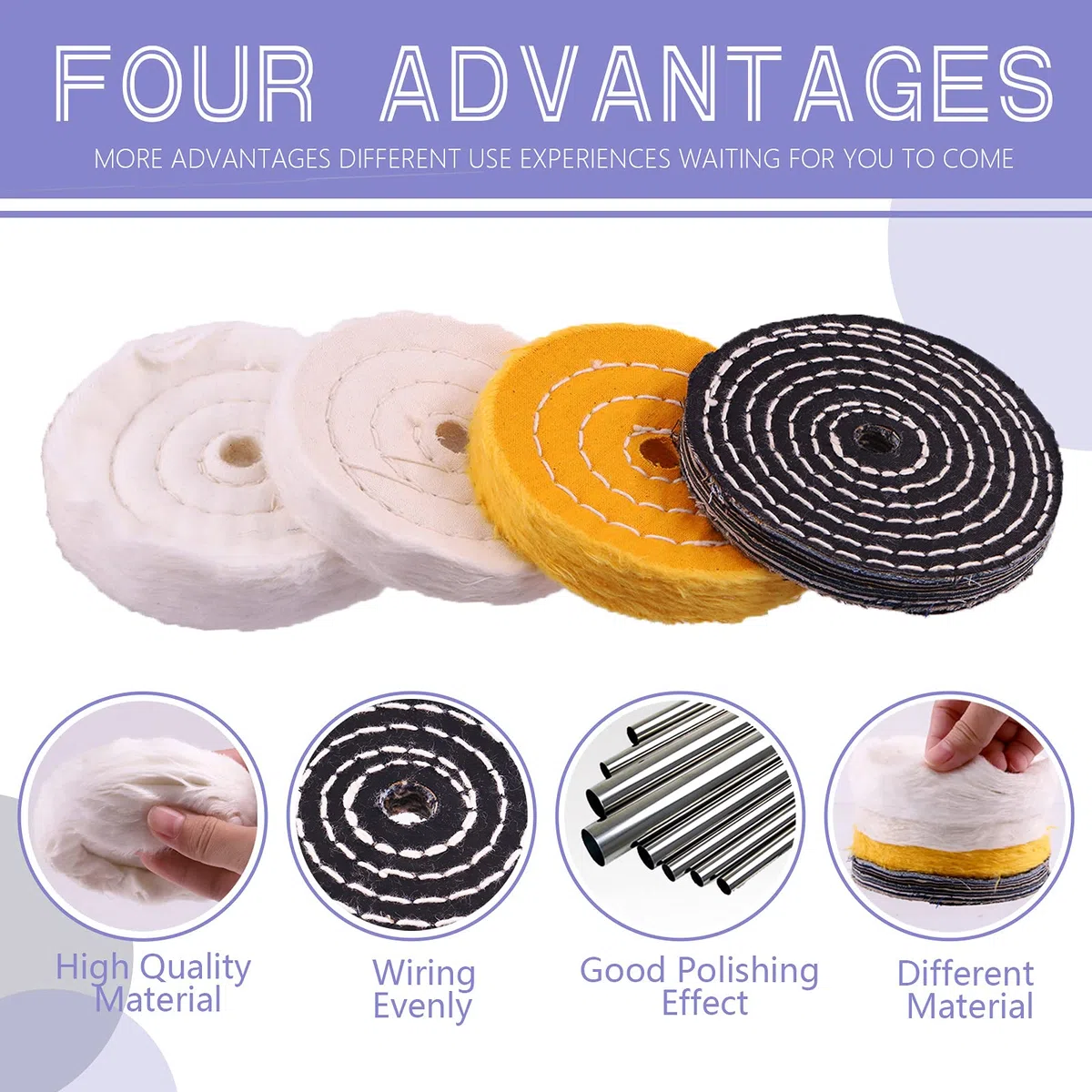 Swpeet Lot de 7 roues de polissage de 10.2 cm avec 3 composés de polissage et tige de foret de 6.35 mm, coton blanc (50 plis), flanelle (30 plis), roues denim pour meuleuse d'établi