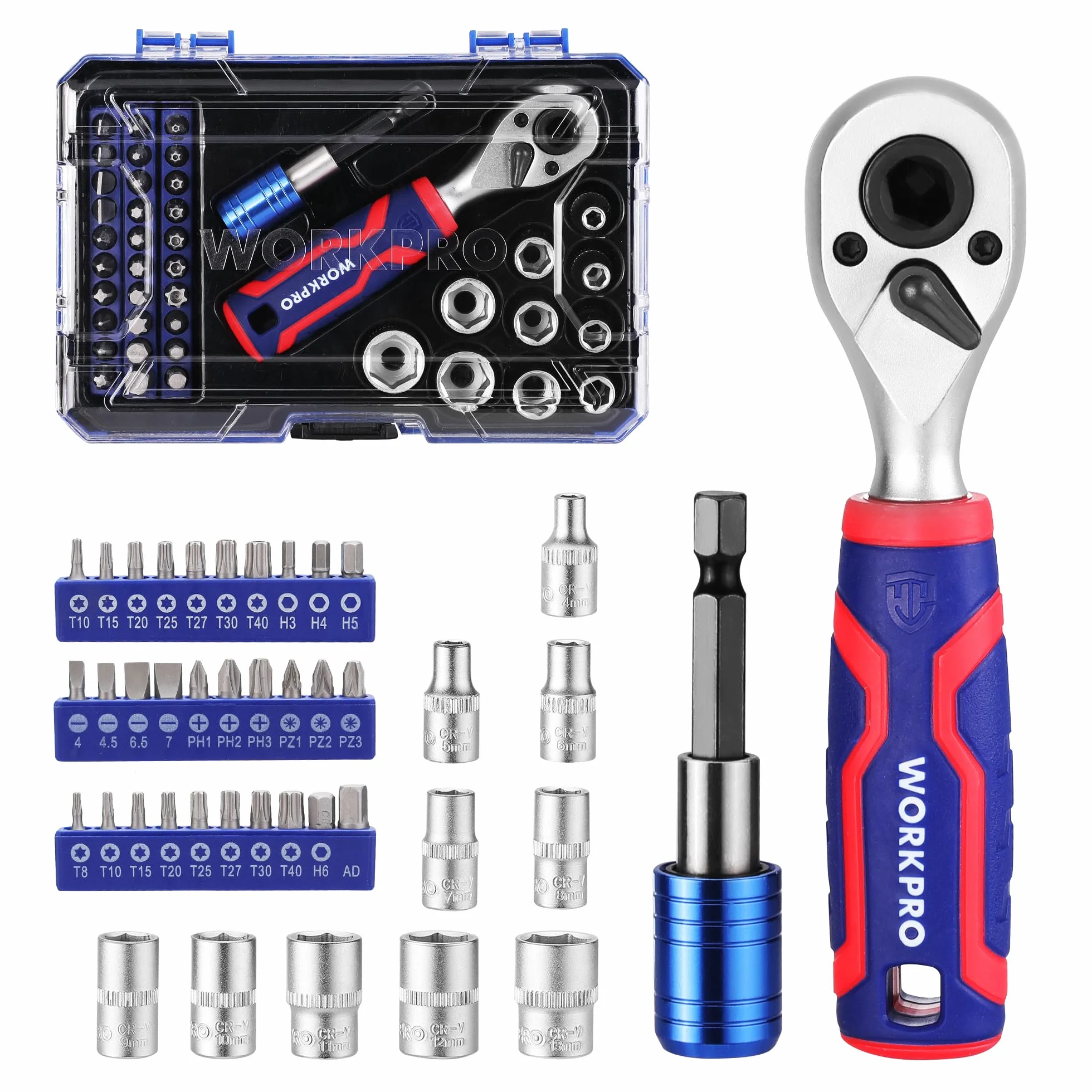 WORKPRO Coffret de Douilles et Embouts 42 Pièces, Mini Clés à Cliquet 1/4" Double Tête 2-en-1, Porte Embouts Magnétique, Outils de Réparation pour Vélos, Voitures et Maison