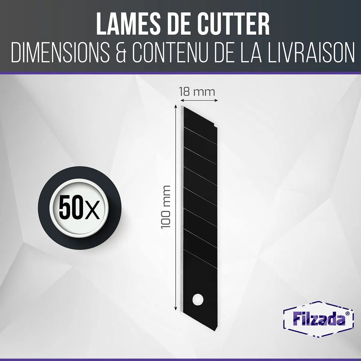 Filzada 50x Lames Cutter 18mm - Lames de rechange Acier carbone - Noir Ultra Pointu