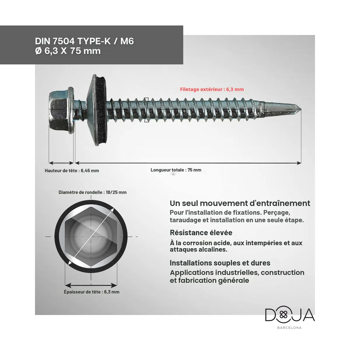 DOJA Industrial | VIS AUTOFOREUSE METAL | PACK 50 | 6,3 x 75mm | Vis Autoperforante Acier à Tete Hexagonale avec Rondelle Etancheite EPDM pour plus Fixation | Vis Autoperceuse pour Metal, Tole Acier