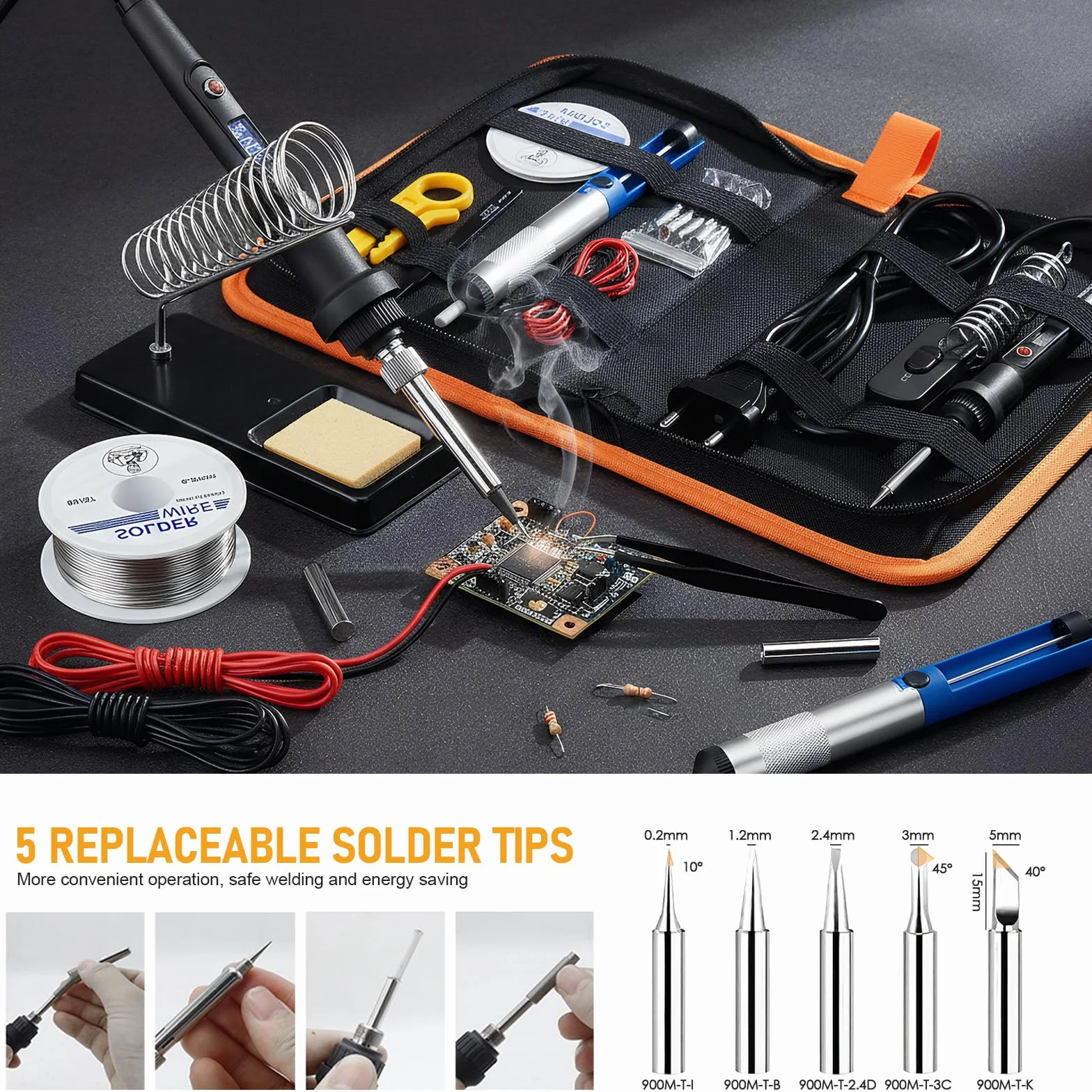 Kit Fer à Souder 80W,Fer à Souder Etain de Précision 5 Buses de Soudure,Température Réglable 180°C-500°C avec écran LCD,Pompe à Désoudrer, Idéal pour Réparation Électronique, Soudure et DIY