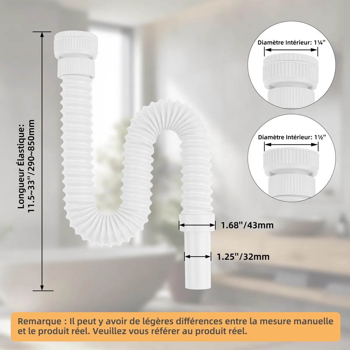 Hibbent Siphon Lavabo de Bain, Siphon Flexible Anti-Odeurs Avec Fil d'Acier Encastré, G1 1/4" (40.4mm) vers G1 1/2" (46.3mm) x 32mm, Siphon Evier, Evacuation Evier, Tuyau de Vidange Flexible, Blanc