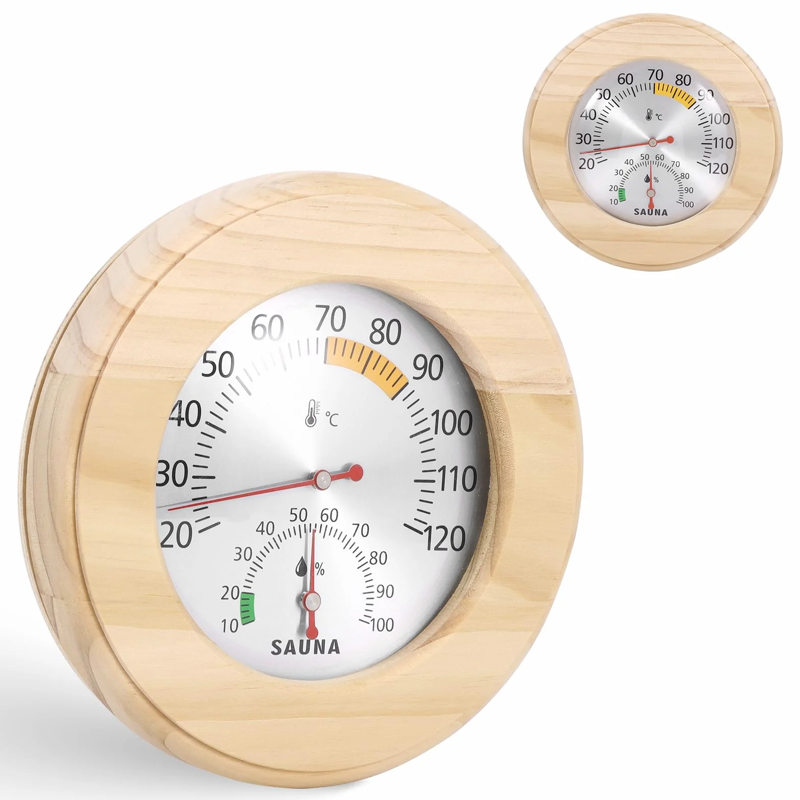 Thermomètre de sauna 2 en 1 - En bois - Particulièrement précis - Avec verre trempé - Calibrage automatique - Pour hammams et saunas