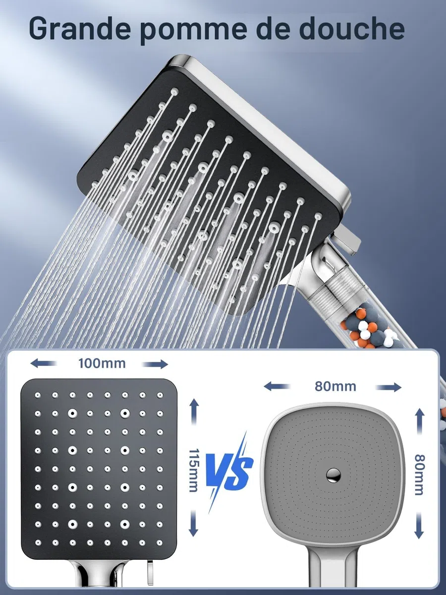 Pommeau de Douche avec Tuyau 1.6m, YEAUPE PRO Pommeau Douche Economie eau avec 6 Modes, Pommeau de Douche Carré Filtrant, Douchette Douche Salle de Bain Haute Pression Anti Calcaire, Chromé