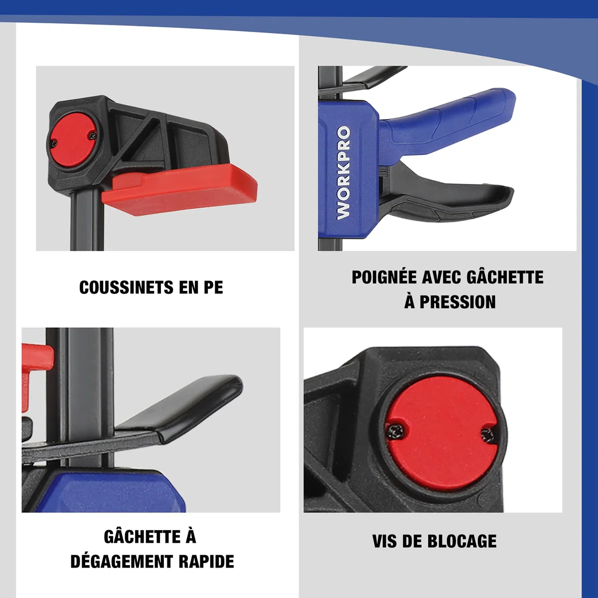 WORKPRO Jeu de 2 Serre-joints à une Main en Acier et Nylon pour une Fixation Précise, Largeur de Serrage de 305 mm, Force de Serrage Maximale de 68 kg, Plage d'Étirement jusqu'à 440 mm