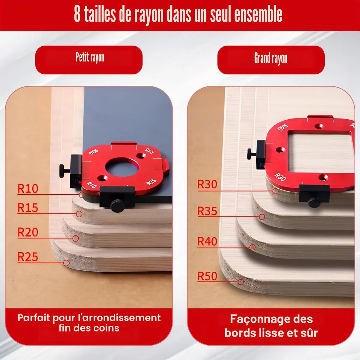 2 Pièces Gabarit Defonceuse a Bois, R10 R15 R20 R25 R30 R35 R40 R50 Gabarit de Toupie avec Fraise à Ras, Gabarit 4en1 pour Toupie, pour le Bricolage du Bois