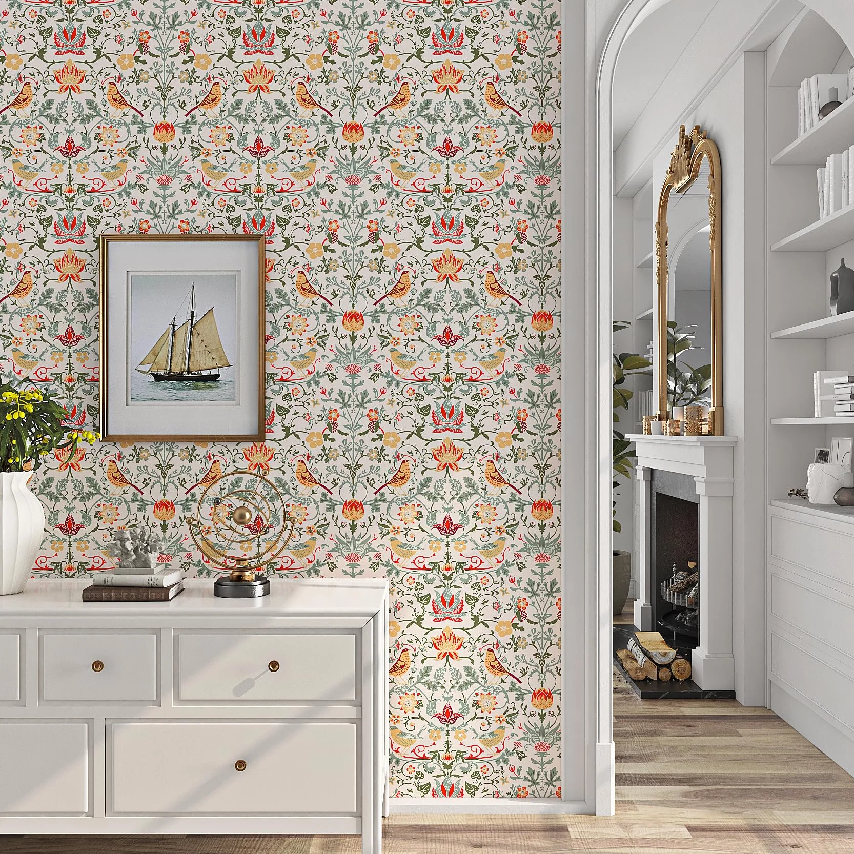 ReWallpaper Papier Peint Adhesif Mural Fleuri Vintage Papier Peint Chambre Adulte Beige Vinyle Autocollant Vert Animal Film Adhesif pour Meuble Motif 44,5CM X 3M Papiers Peints Fleurs Oiseaux