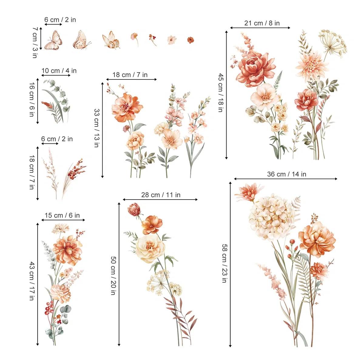 decalmile Stickers Muraux Fleur Boho Autocollant Mural Floral de Jardin Pissenlit Herbe Papillon Décoration Murale Filles Chambre Salon Cuisine