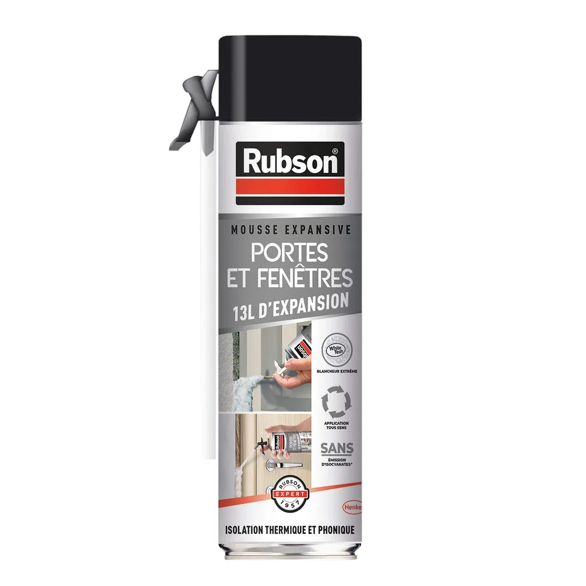 Rubson Mousse Expansive Isole Portes et Fenêtres, Mousse pour isolation acoustique et thermique des cadres de portes et de fenêtres, Mousse tous sens blanche 500 ml, Blanc