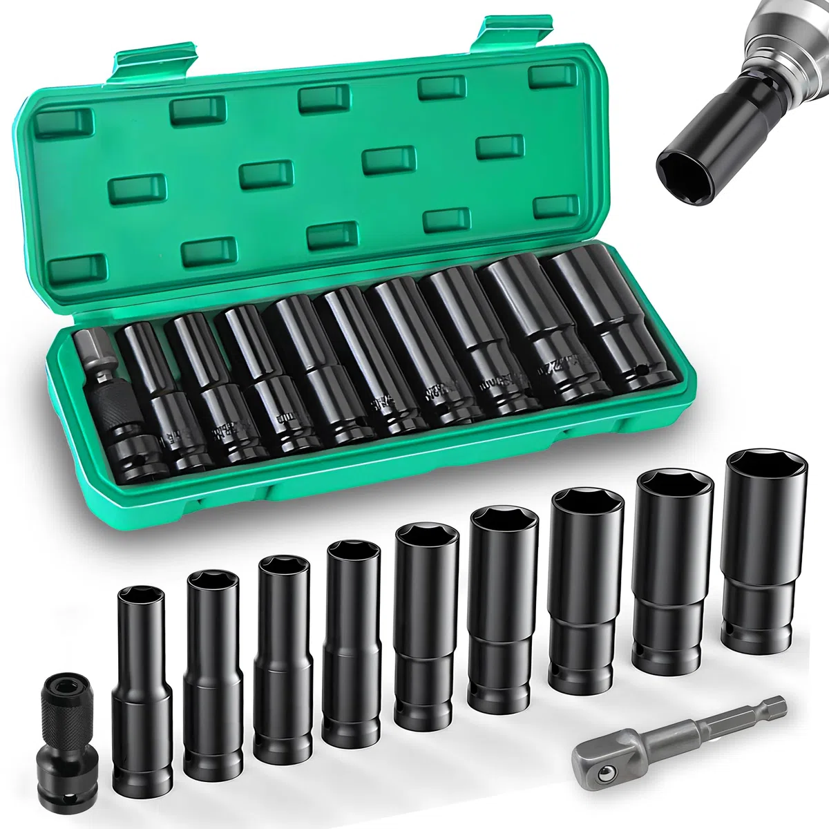 11 Pièces Douille à Choc 1/2, 10-24mm Coffret Longue, Clé à Choc et 2 Adaptateurs pour Réparation de Voiture