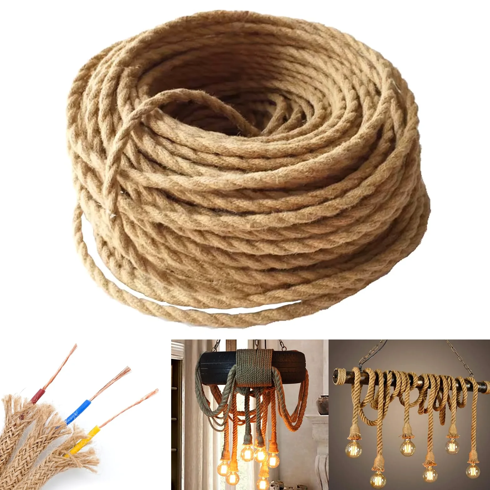 GreenSun Cable Electrique Cable Corde - 5M Fil Electrique Cable 3G0,75 Fil Electrique Corde 3x0,75mm² Câble Cordon d'alimentation Rétro Tressé Corde Fil de lin électrique à 3 conducteur