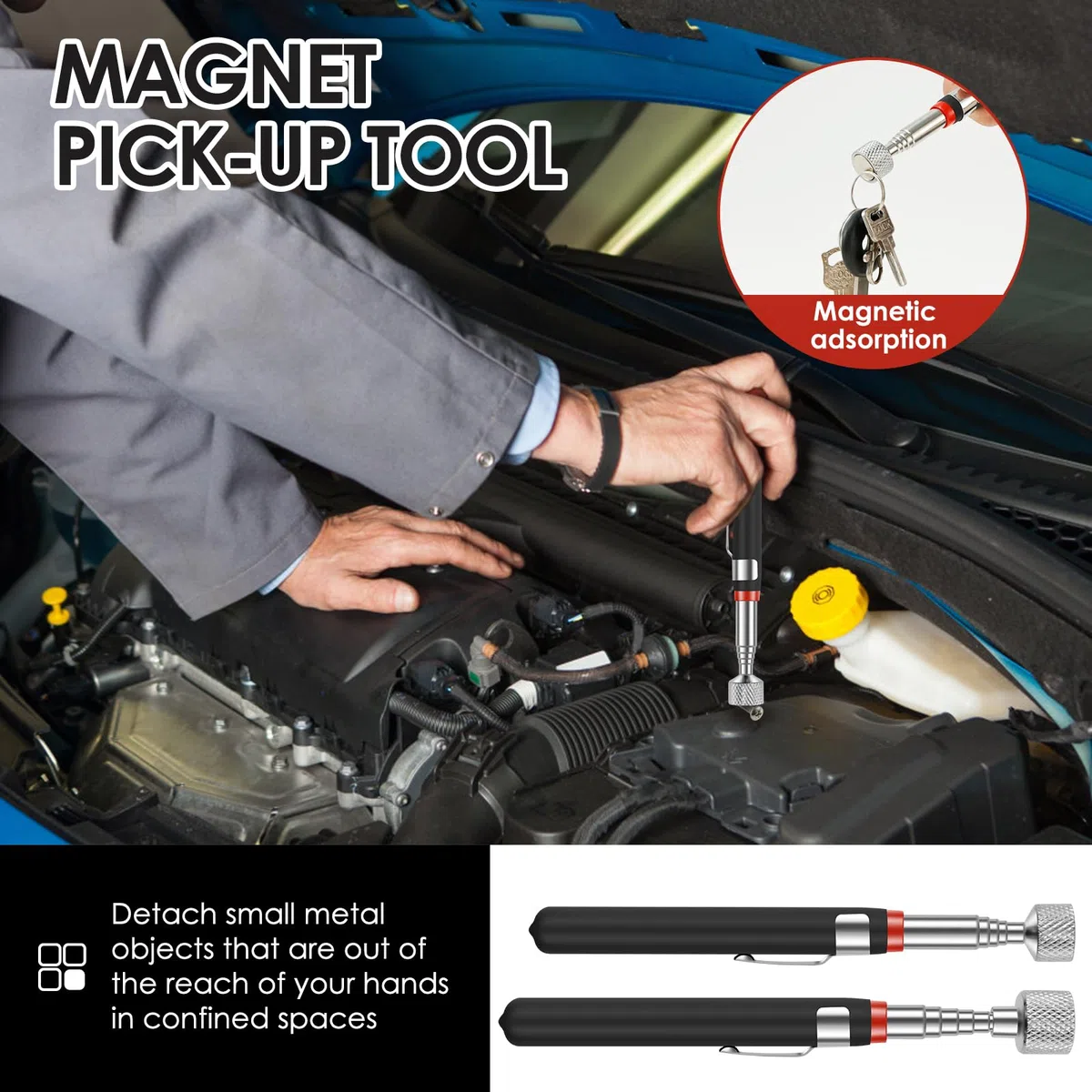 Lot de 8 Aimant Telescopique,Magnétiques Télescopiques,Ramassage Magnétique Flexible,Aimant Mecanique Auto pour Aufnahme de Pièces Métalliques Petites Pièces(1.5LB/3LB/10LB/15LB)