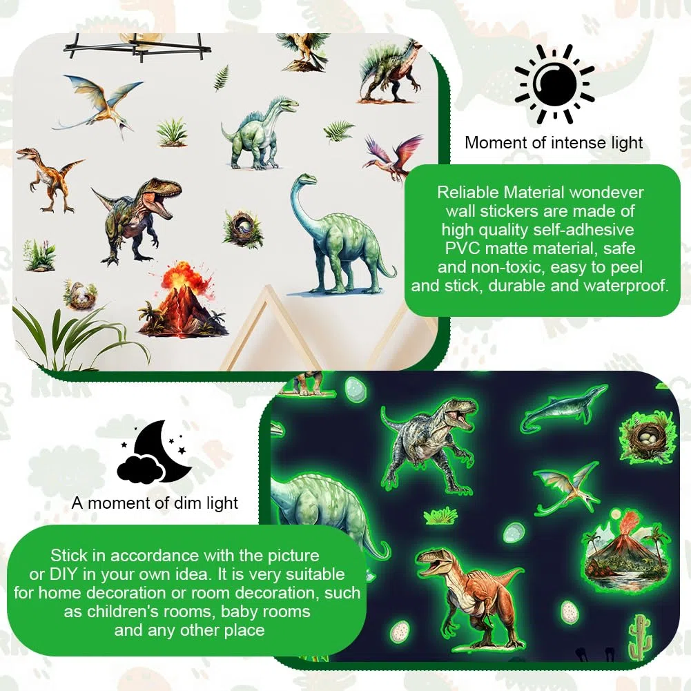 Autocollants Dinosaures Fluorescents, Décalcos Dinosaures, Autocollants Muraux Amovibles pour Chambre Salon, Décorations pour Enfants Garçons Filles Chambre Bébé