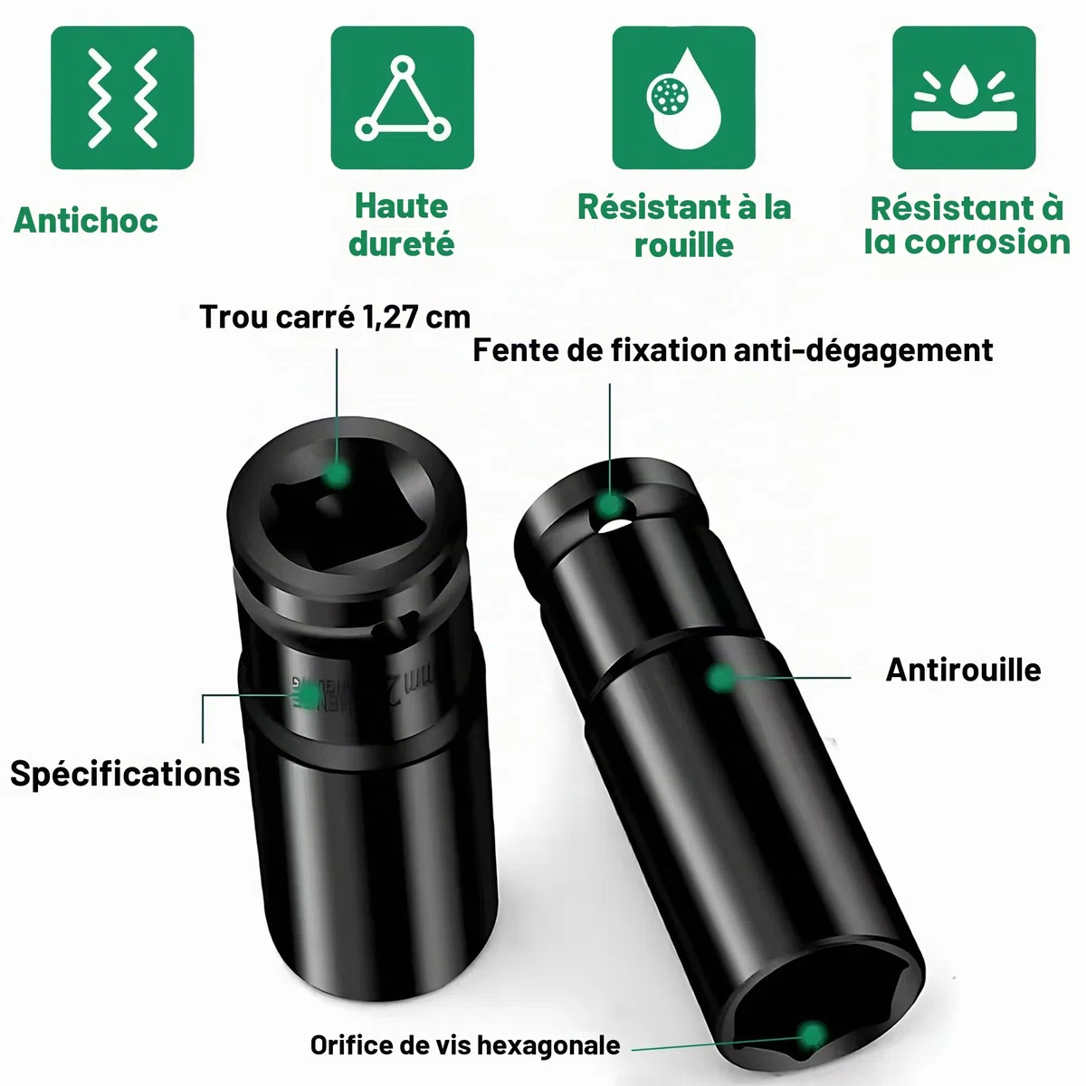 11 Pièces Douille à Choc 1/2, 10-24mm Coffret Longue, Clé à Choc et 2 Adaptateurs pour Réparation de Voiture