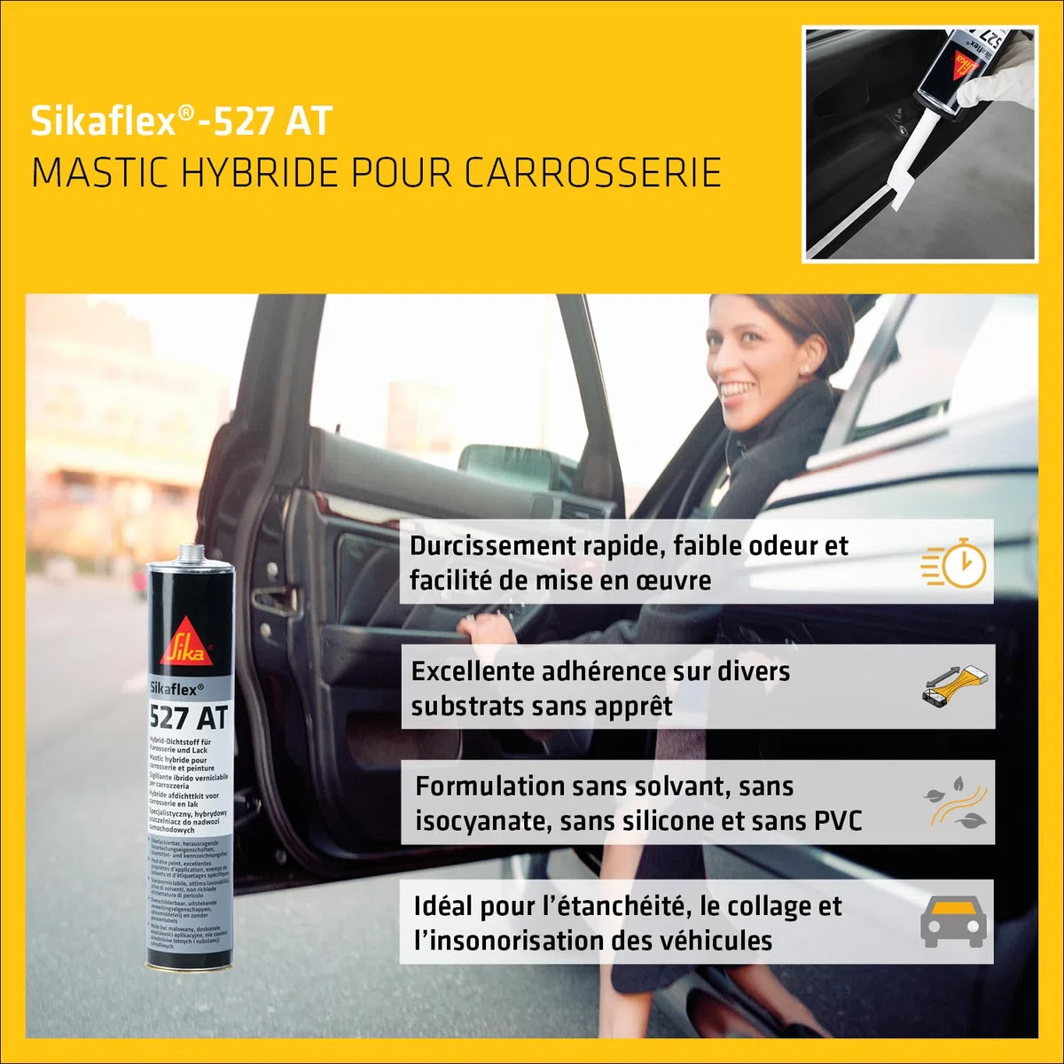 SIKA - Mastic Hybride pour Carrosserie - Pulvérisable - Etanchéité et Collage - Int/Ext - Sikaflex-527 AT Blanc (Réservé aux Professionnels) - Bonne adhérence sans primaire - Noir - 300ml