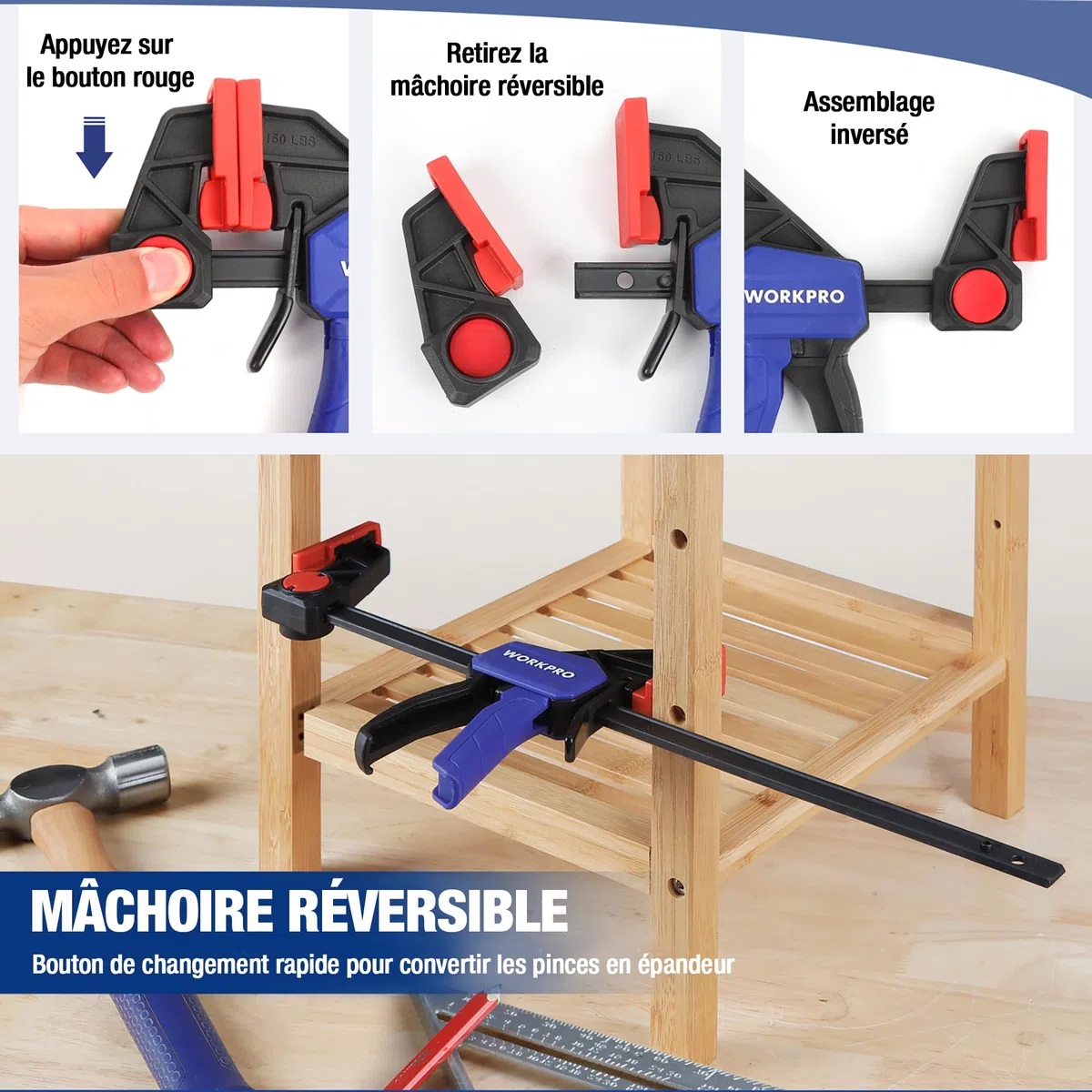 WORKPRO Jeu de 2 Serre-joints à une Main en Acier et Nylon pour une Fixation Précise, Largeur de Serrage de 305 mm, Force de Serrage Maximale de 68 kg, Plage d'Étirement jusqu'à 440 mm