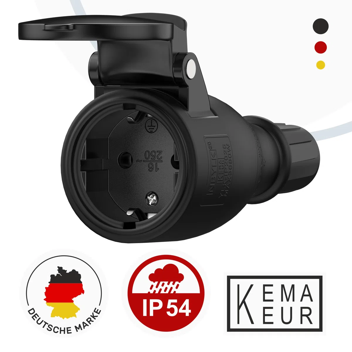RedStar24 Prise Femelle 220V IP54 | Robuste en Caoutchouc & Plastique Noir | Couvercle à ressort automatique, Parfait pour l’Extérieur | Prise Électrique à 3 Broches | Set de 3 Fiches Femelle Schuko