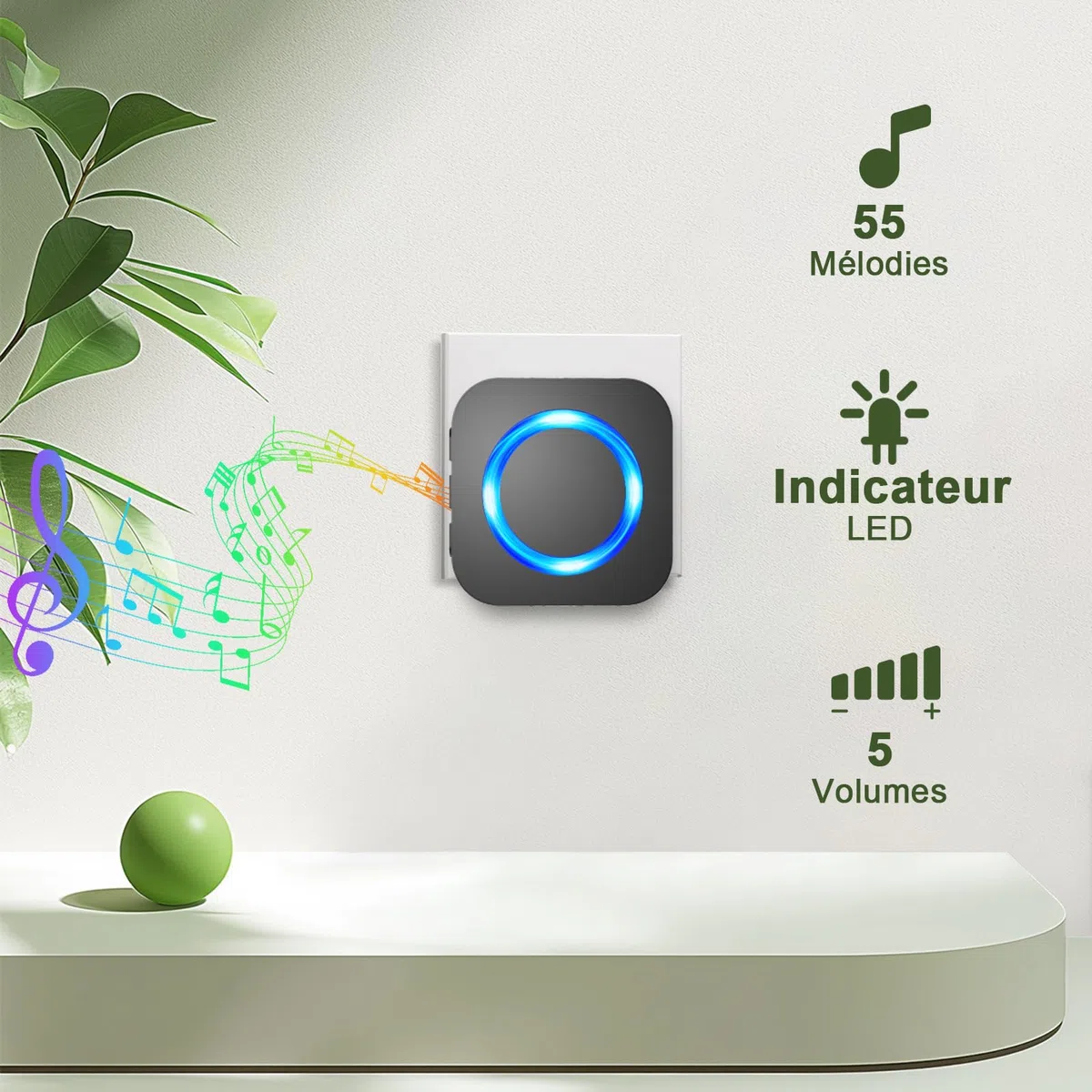 SURFOU Sonnette sans fil Extérieur Étanche, 400M Sonnette Longue Portée Carillon Electronique Kit avec Récepteurs, 55 Mélodies au 5 Niveaux Volumes pour Maison, Indicateur LED Bleu, Noir