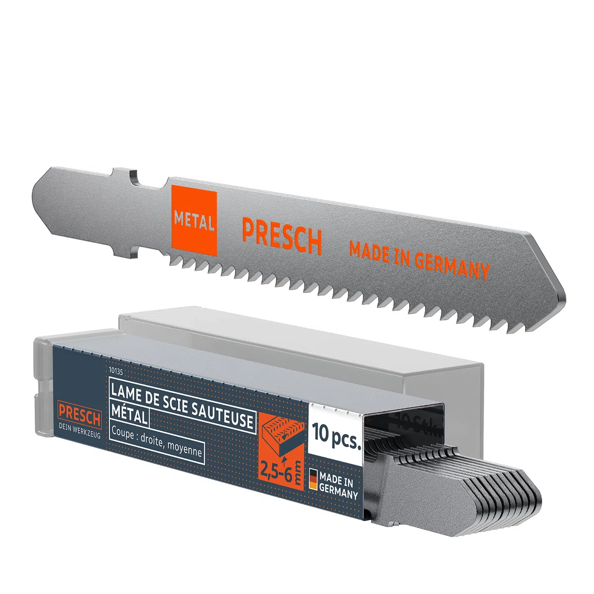 Presch Lames de scie sauteuse Métal 10 pièces - Découpes précises, tôles d'épaisseur moyenne (2,5-6 mm) - Lames haute longévité à emmanchement en T pour toutes scies sauteuses
