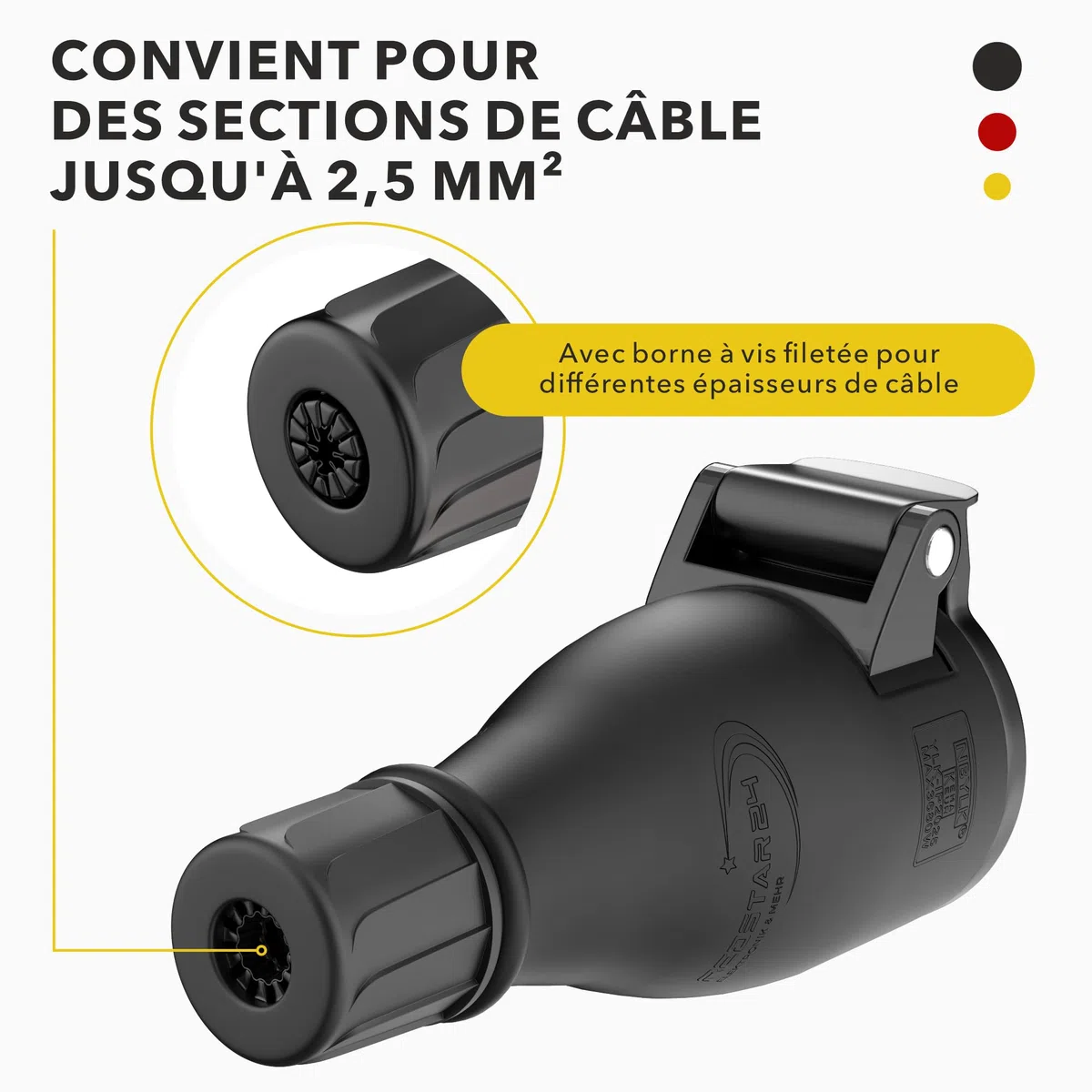 RedStar24 Prise Femelle 220V IP54 | Robuste en Caoutchouc & Plastique Noir | Couvercle à ressort automatique, Parfait pour l’Extérieur | Prise Électrique à 3 Broches | Set de 3 Fiches Femelle Schuko