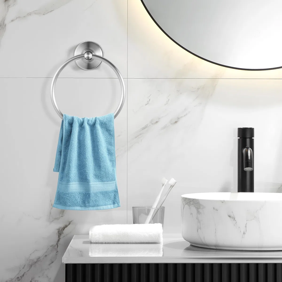YOHOM Anneau porte-serviettes mural pour salle de bain avec ventouse (argenté, 1 pièce)