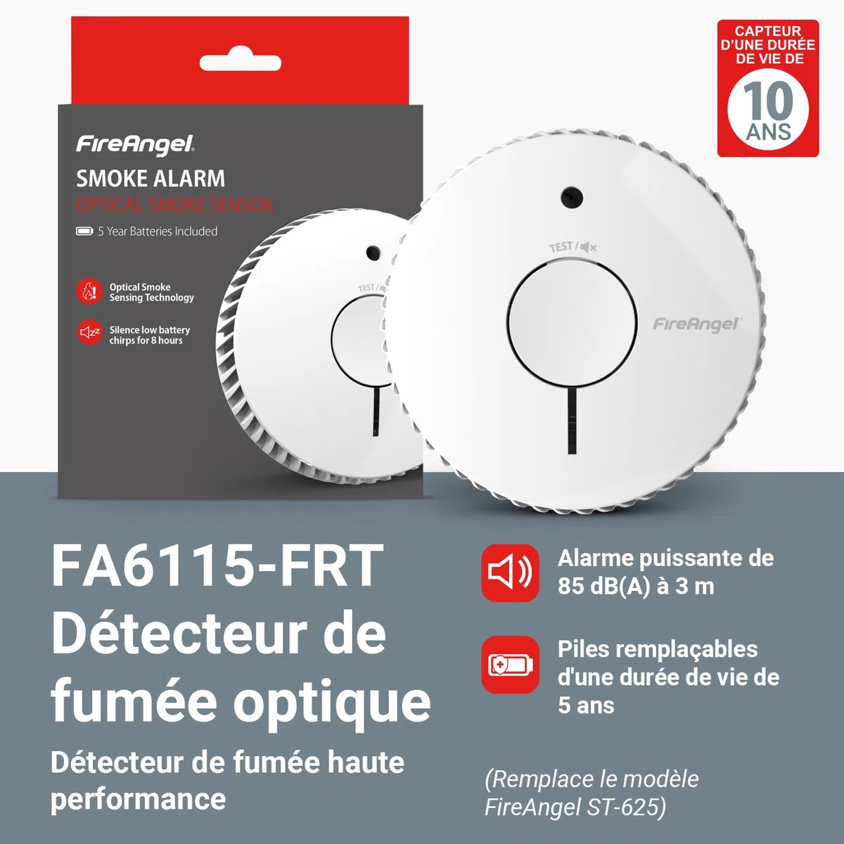FireAngel FA6115-FRT Détecteur de Fumée Optique certifié NF, Détecteur Incendie pour Maison et Caravane, Durée de Vie de 10 Ans, Remplace Le ST-625