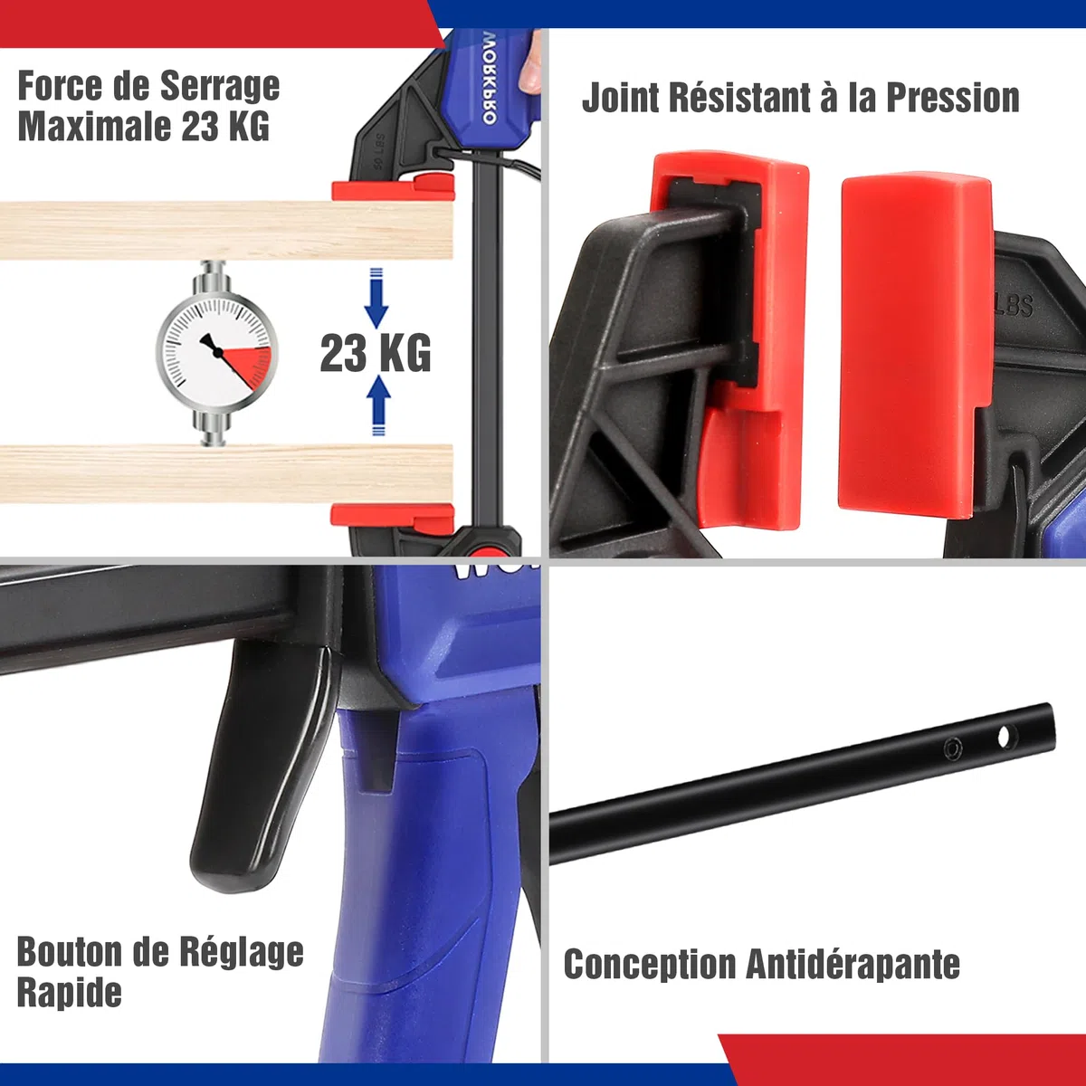 WORKPRO Serre Joint et Pince à Ressort 8 Pièces, 4 Mini Serres-joint (Longeur:200 mm,Portée 115 mm, Plage d'expansion 200 mm)et 4 Pinces à Ressort (Largeur d’Ouverture 45 mm/60 mm)pour Travail du Bois