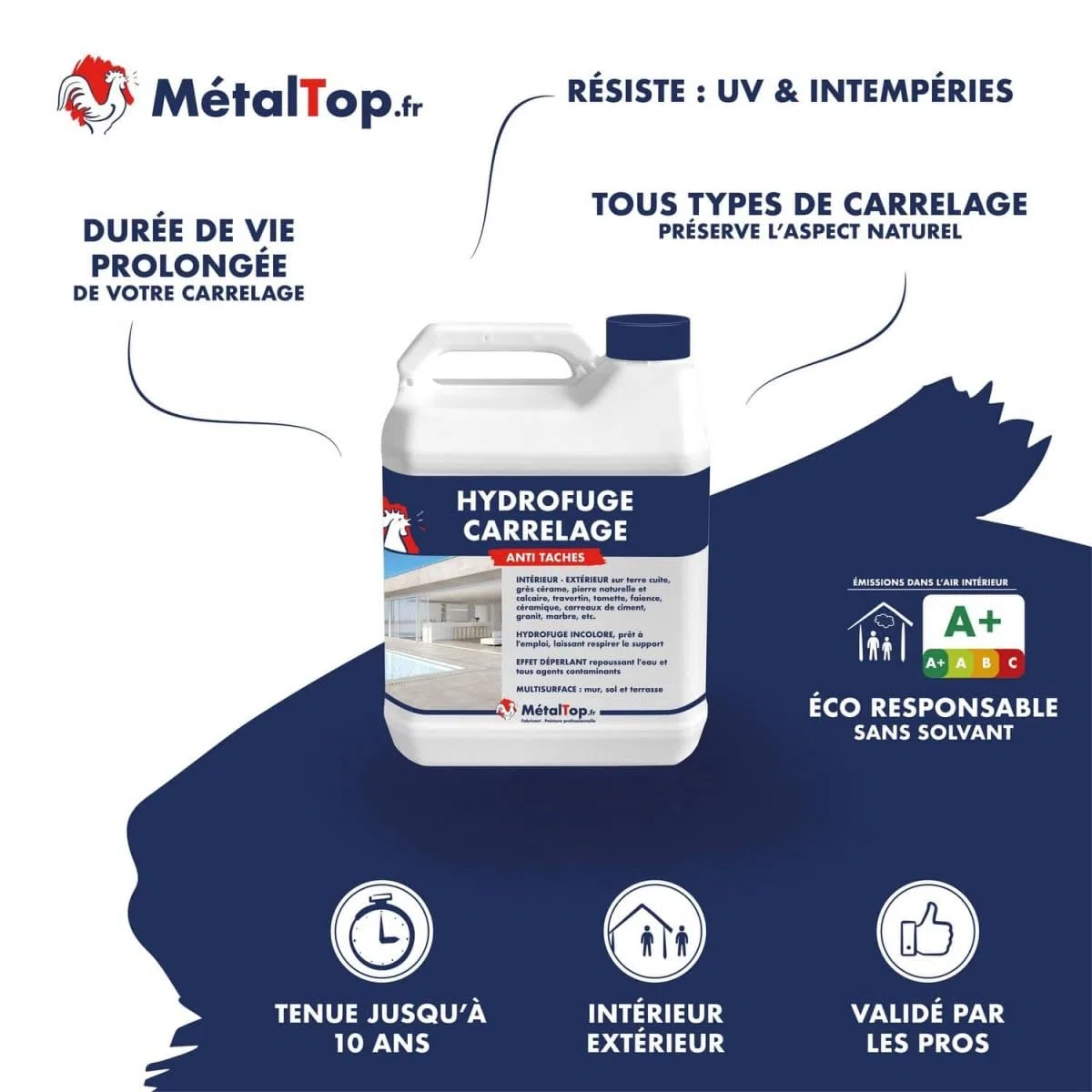 Métaltop - Hydrofuge Carrelage - 1 L - Protection invisible pour carreaux et joints poreux, idéal en intérieur comme en extérieur