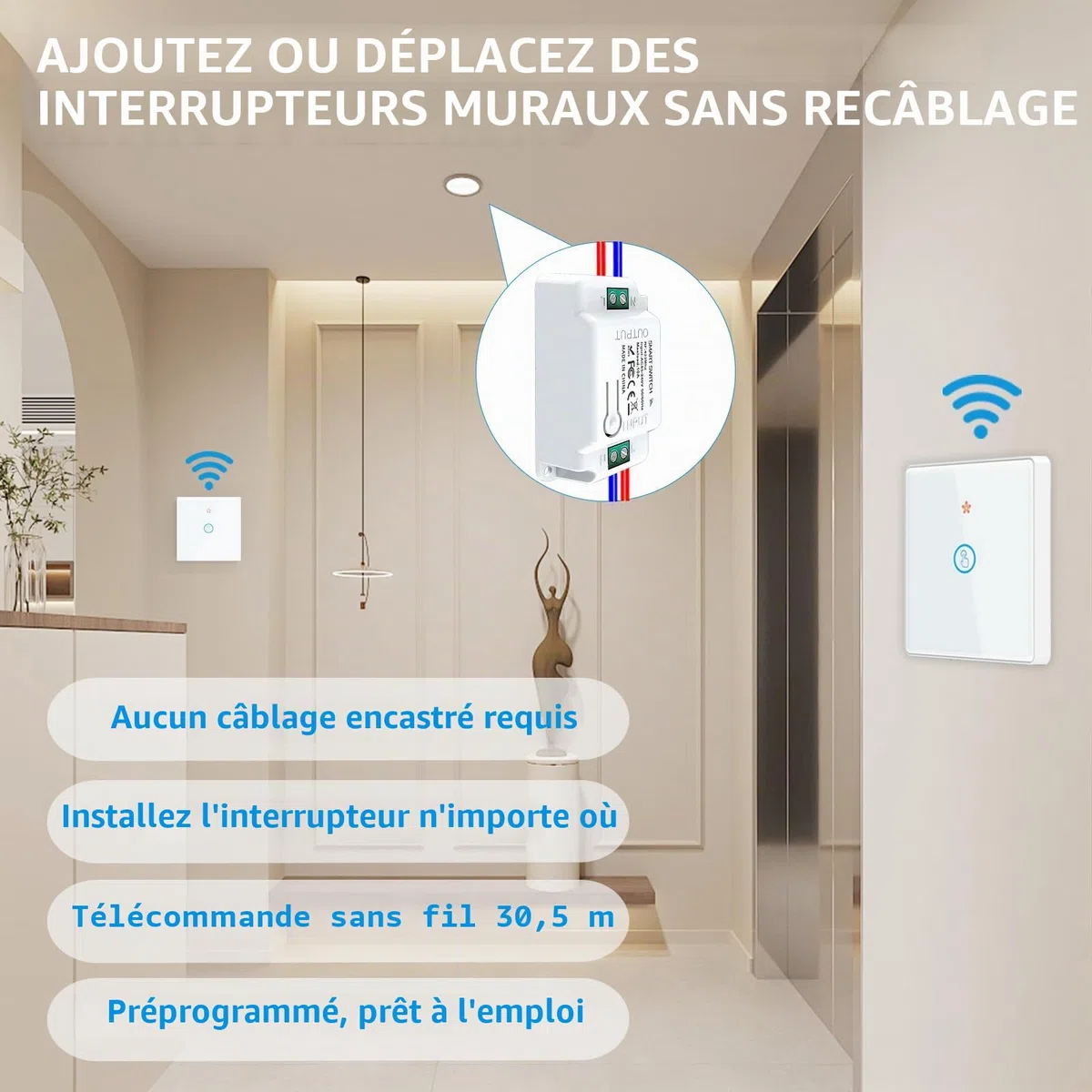 RF433 Kit interrupteur sans fil, 230 V, émetteur de sécurité et récepteur 10 A, tactile, noir