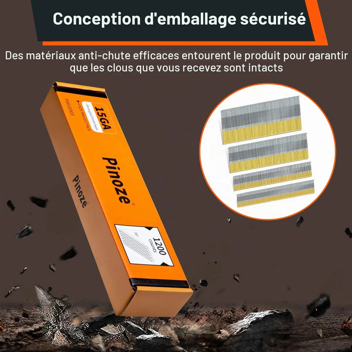 PINOZE Lot de 1200 clous de finition coudés DA de calibre 15, 34 degrés, lot de 1200 (6,3 cm, 5,1 cm, 3,8 cm, 300 par taille), lot de projets galvanisés de tailles assorties, pour cloueuse pneumatique