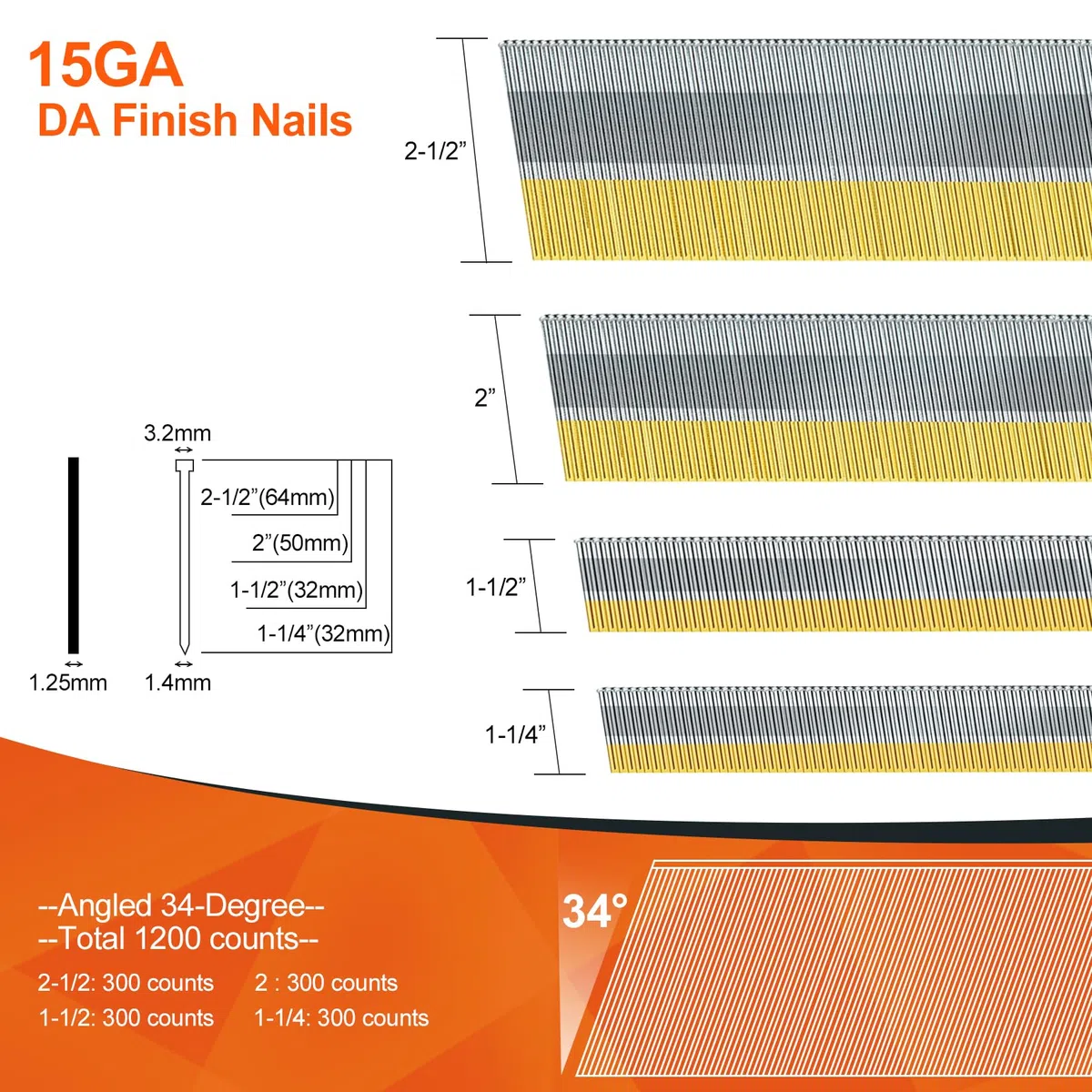 PINOZE Lot de 1200 clous de finition coudés DA de calibre 15, 34 degrés, lot de 1200 (6,3 cm, 5,1 cm, 3,8 cm, 300 par taille), lot de projets galvanisés de tailles assorties, pour cloueuse pneumatique