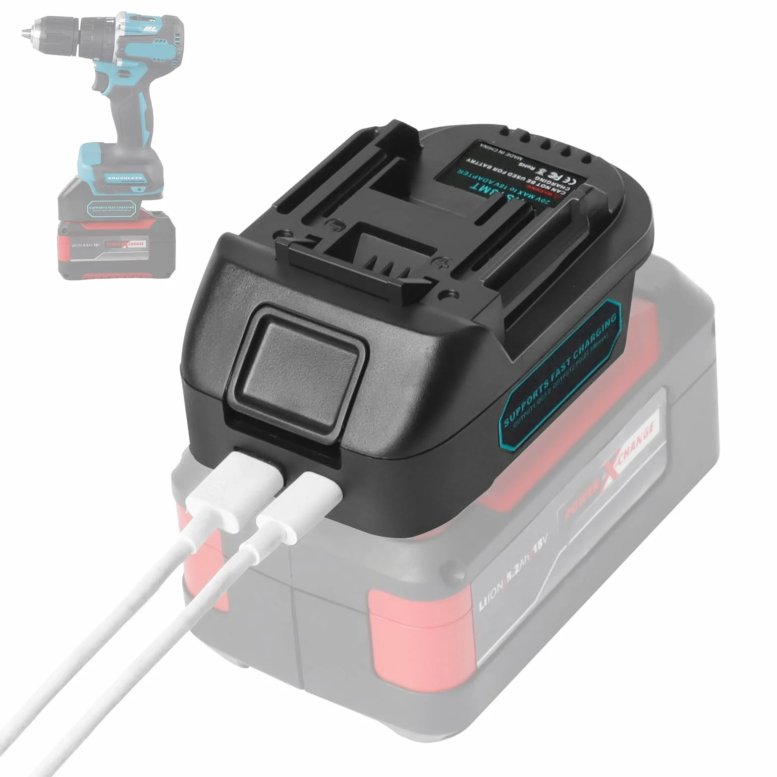 QUPERR EIN18MT Convertisseur de Batterie pour Batterie Einhell 18V, pour Outils électriques sans Fil Makita 18V, Adaptateur de Batterie USB avec Port de Chargeur USB/Type-C (Adaptateur Uniquement)