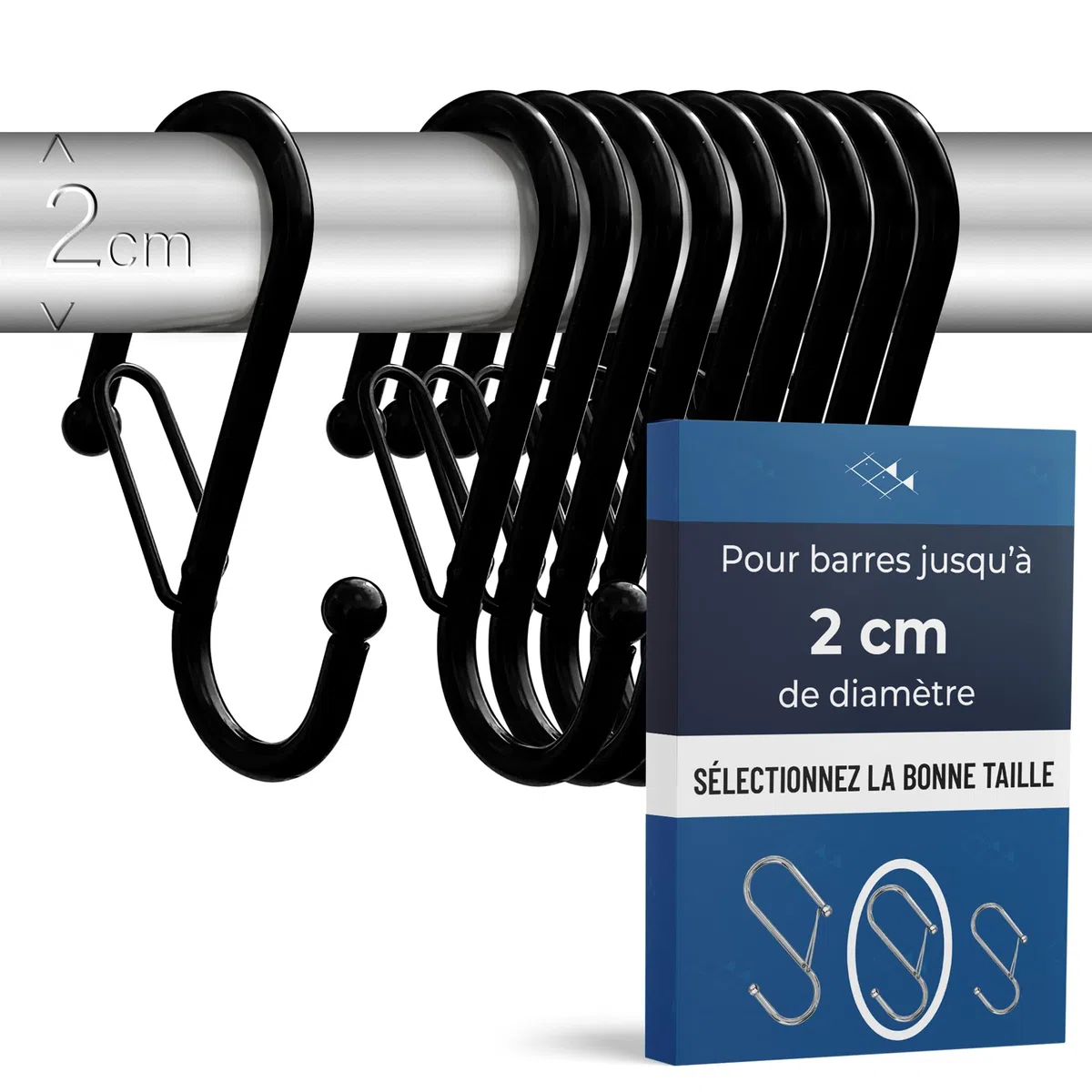 Lot de 10 Crochets en S avec Fermeture de Sécurité Anti-Chute – Crochets S Métal pour Rangement Cuisine, Salle de Bain et Armoire – Pour Barres jusqu’à 2 cm – Noir