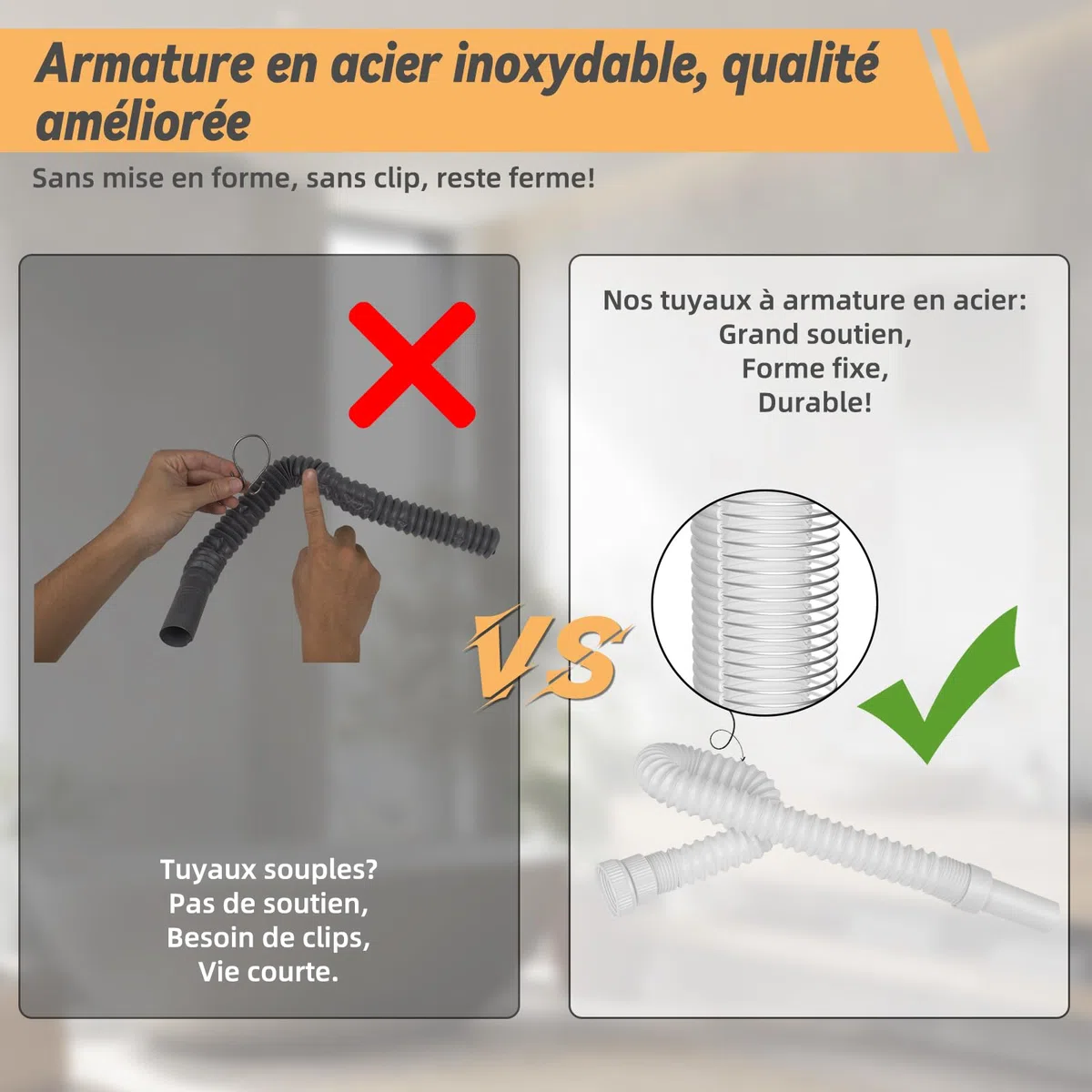 Hibbent Siphon Lavabo de Bain, Siphon Flexible Anti-Odeurs Avec Fil d'Acier Encastré, G1 1/4" (40.4mm) vers G1 1/2" (46.3mm) x 32mm, Siphon Evier, Evacuation Evier, Tuyau de Vidange Flexible, Blanc