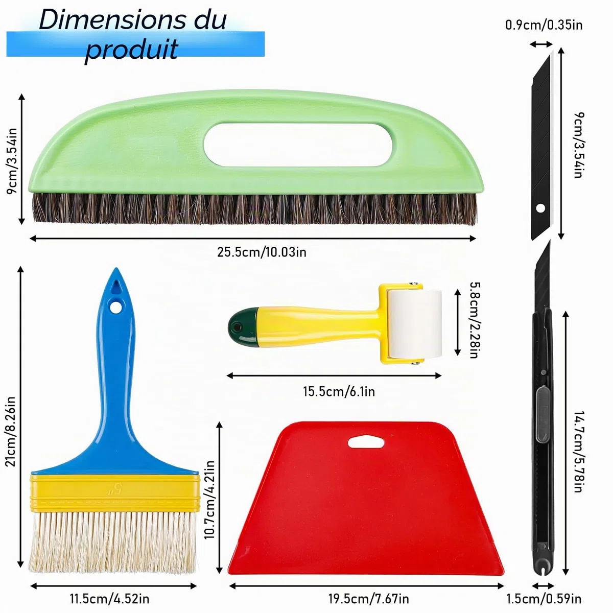 Lot de 6 outils de tapisserie, kit complet incluant brosse à tapisser, outils de tapissage, rouleaux, outil de coupe, outil de lissage de papier peint, set de papier peint pour contact adhésif