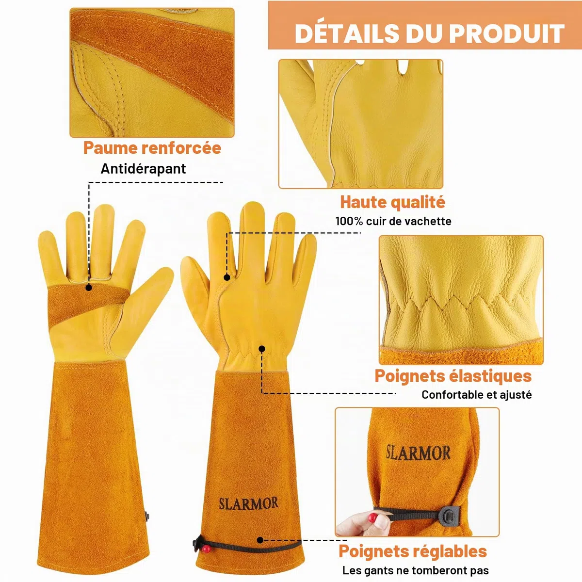 Gants de Jardinage pour Hommes/Femmes, Gants de Travail en Cuir de Vache Durables, Résistant aux épines - avec Protection des Avant-Bras pour Jardinier et Fermier, Épaississement Jaune,M