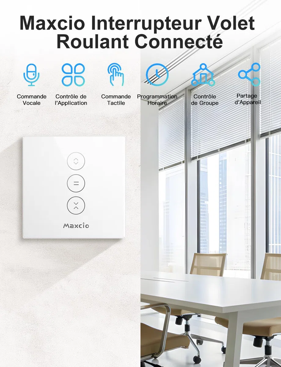 Maxcio Interrupteur Volet Roulant Connecté Compatible Avec Alexa Et Google Home, Interrupteur Connecté Volet Roulant Intelligent Avec Minuterie Et Commande Vocale, Interrupteur Tactile (1, Blanc)