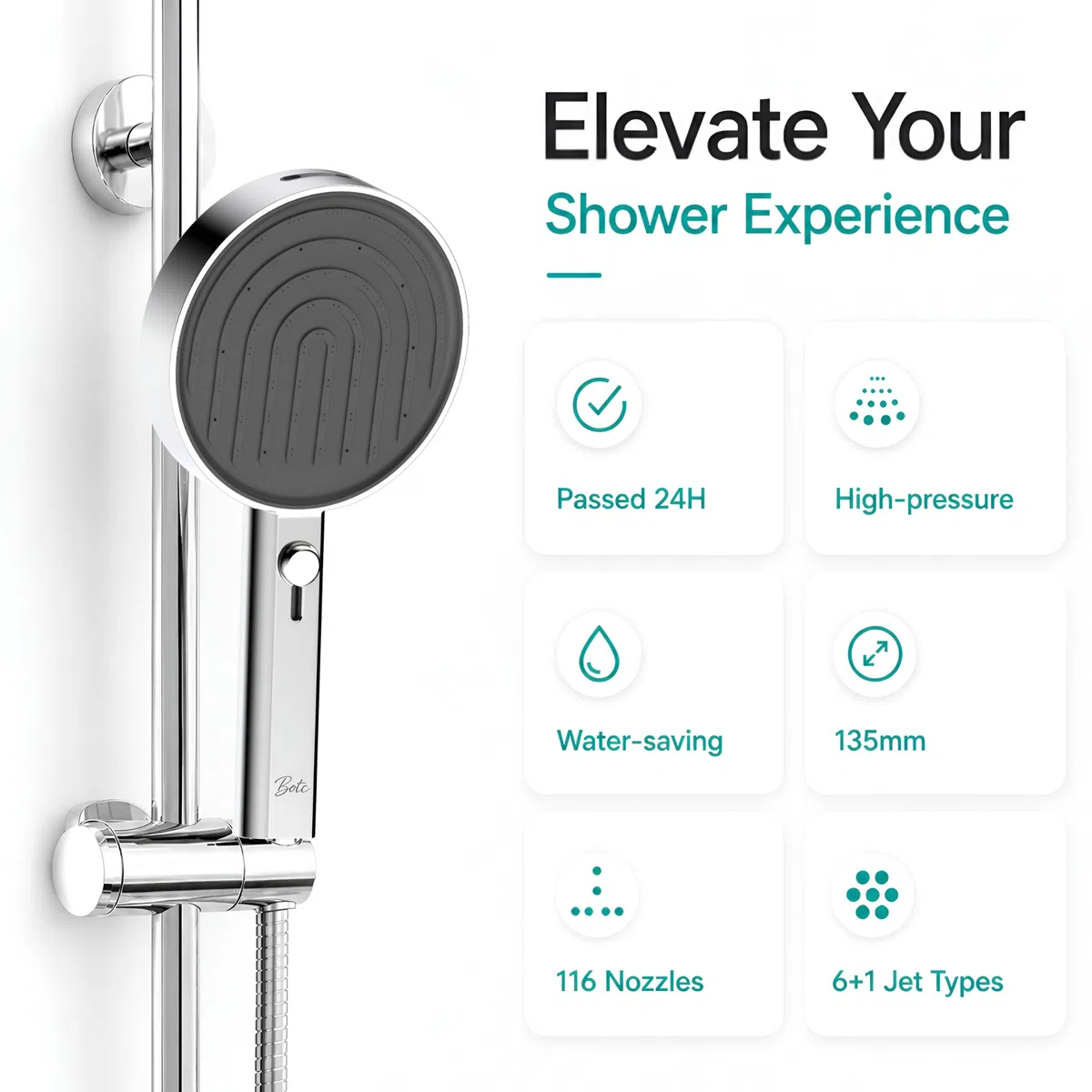 Pommeau de Douche Economie Deau, Haute Pression Douchette avec 7 Modes de Jet, 135 mm Grande Poire de Douche, Chromé (Argenté)
