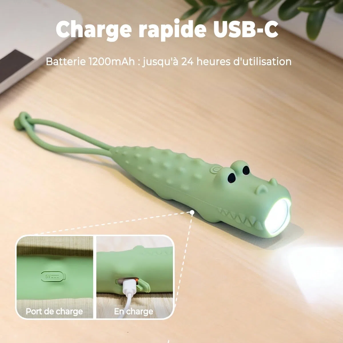 Lampe Torche Enfant LED Rechargeable USB-C, Lampe de Poche Enfant Crocodile avec Dragonne, Petite Lampe Torche Silicone Dès 3 Ans, Lampe Camping Enfant Cadeau