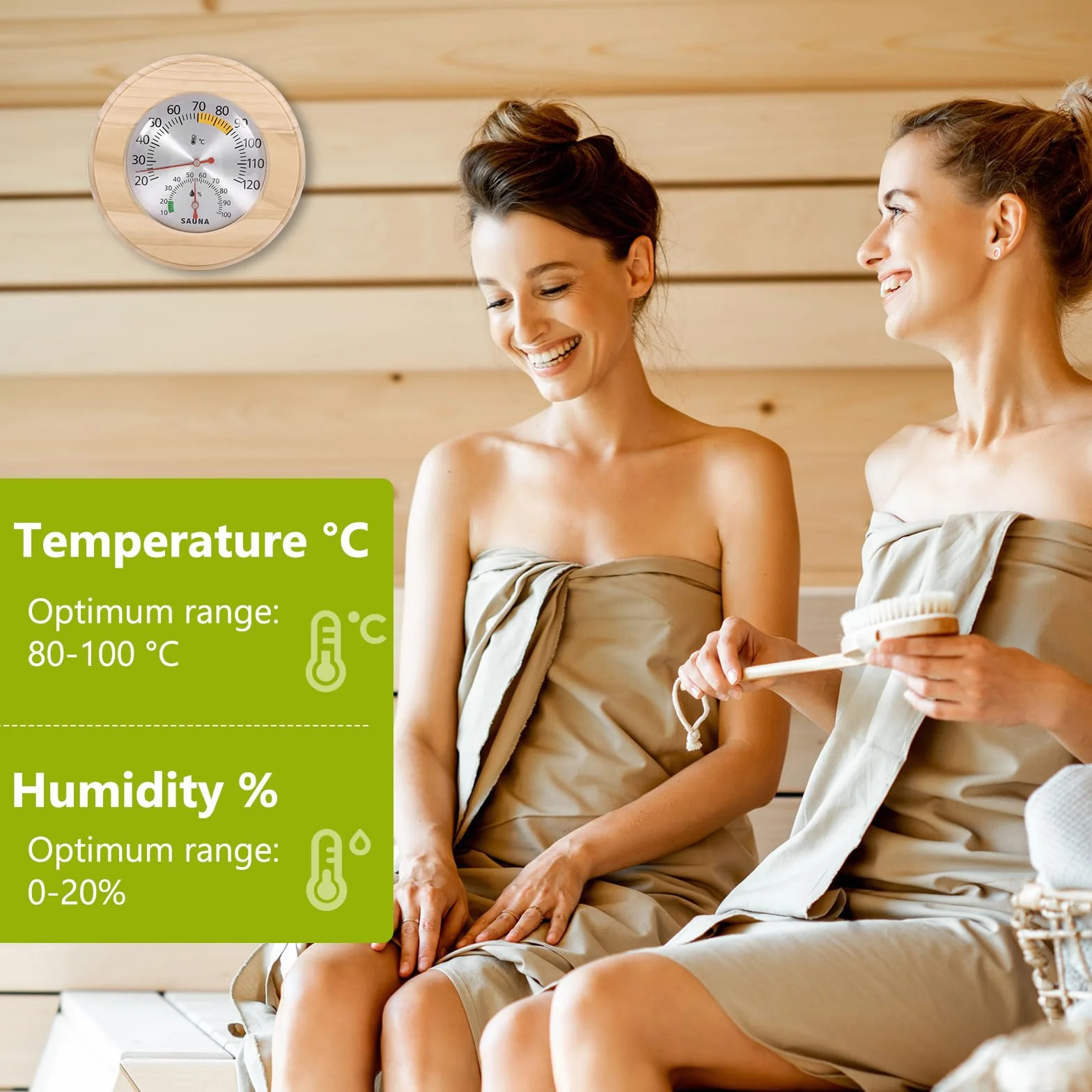 Thermomètre de sauna 2 en 1 - En bois - Particulièrement précis - Avec verre trempé - Calibrage automatique - Pour hammams et saunas