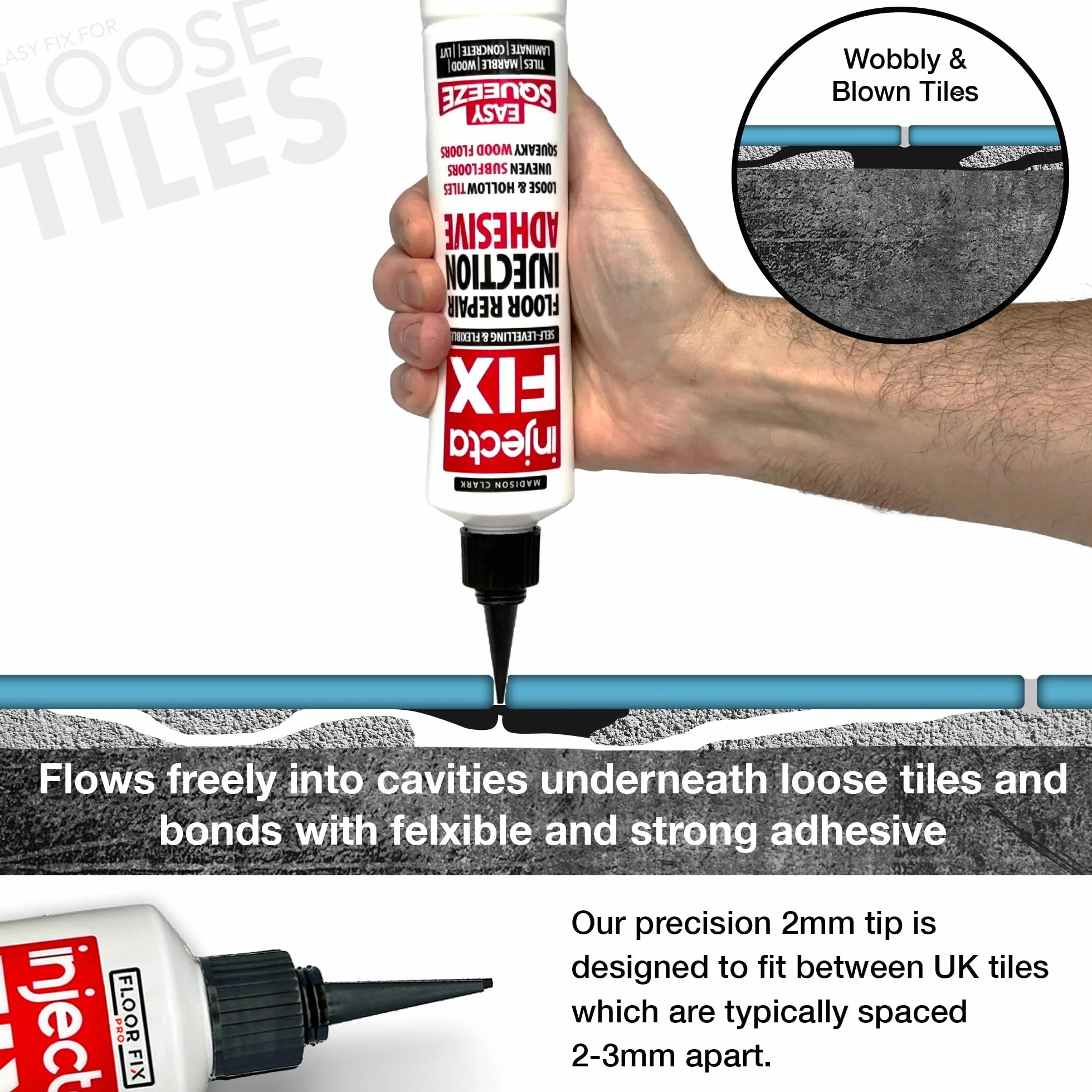 300ml - Kit Réparation Carreaux Décollés et Creux - Colle à Injection Puissante et Autonivelante - Facile à Utiliser sans Pistolet - Fixe Carreaux Lâches - Squeeze Tube