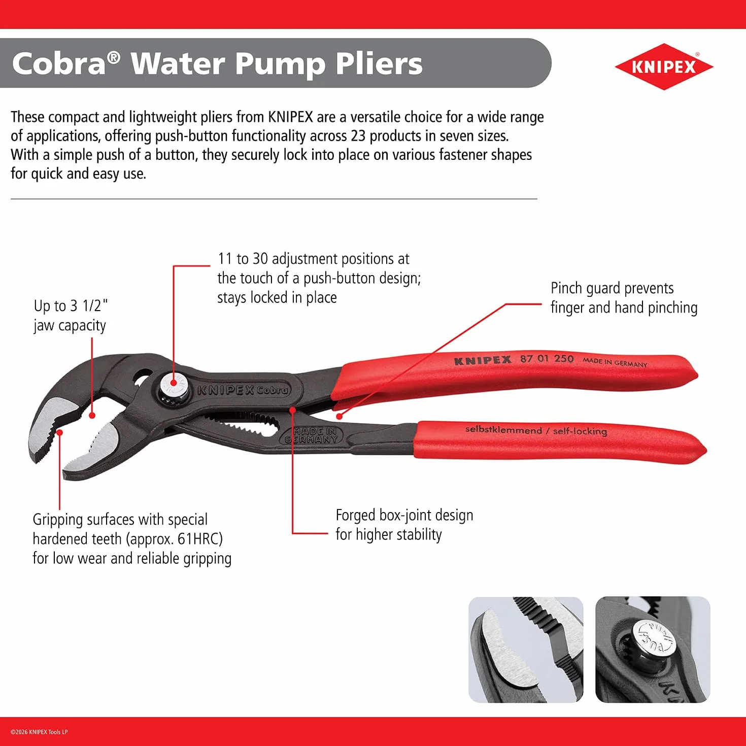 Knipex Cobra Pince multiprise, 250 mm, écrous jusqu'à 46 mm, tuyaux jusqu'à 50 mm, réglage fin par bouton pression, autobloquante, serrage, 87 01 250