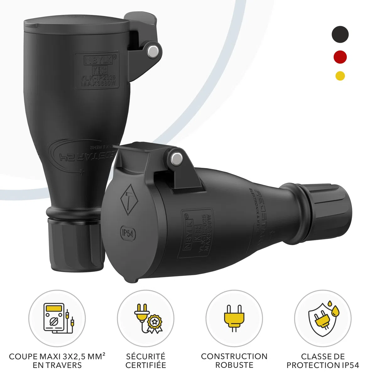 RedStar24 Prise Femelle 220V IP54 | Robuste en Caoutchouc & Plastique Noir | Couvercle à ressort automatique, Parfait pour l’Extérieur | Prise Électrique à 3 Broches | Set de 3 Fiches Femelle Schuko