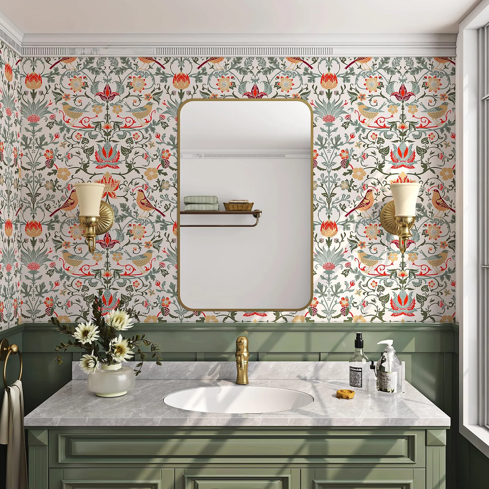 ReWallpaper Papier Peint Adhesif Mural Fleuri Vintage Papier Peint Chambre Adulte Beige Vinyle Autocollant Vert Animal Film Adhesif pour Meuble Motif 44,5CM X 3M Papiers Peints Fleurs Oiseaux
