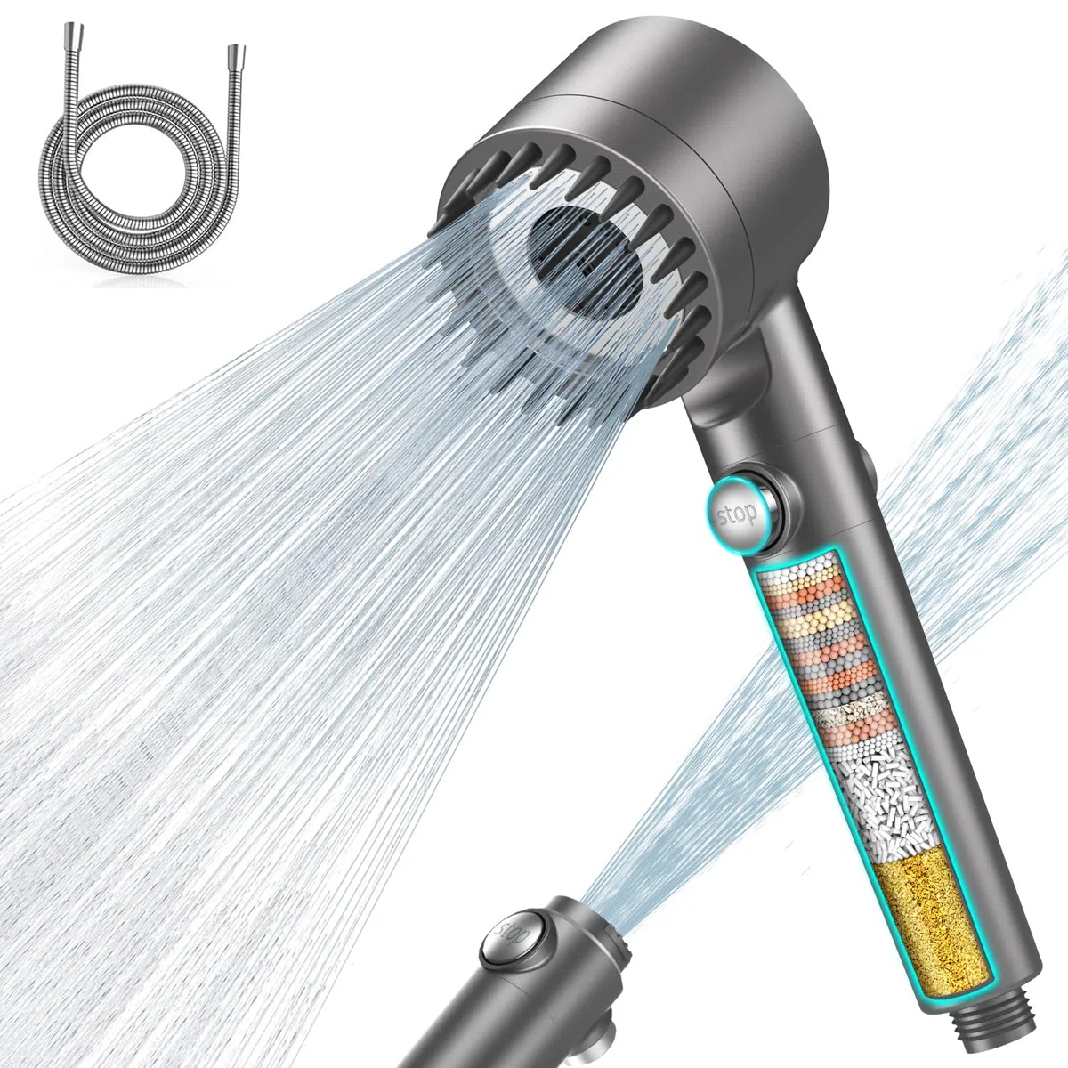 MEKO Pommeau de Douche Anti Calcaire avec 15 Étapes Filtre et avec Tuyau 1,5M, Filtre Douche 3 + 1 Types de Jets Pommeau Économie Deau Haute Pression