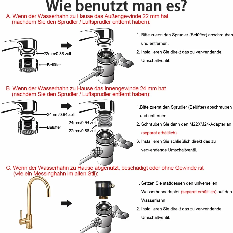 Robinet chromé 1/4" OD pour plan de travail, filtre à eau, purificateur d'eau, filtre à osmose inverse, adaptateur de robinet de tuyau