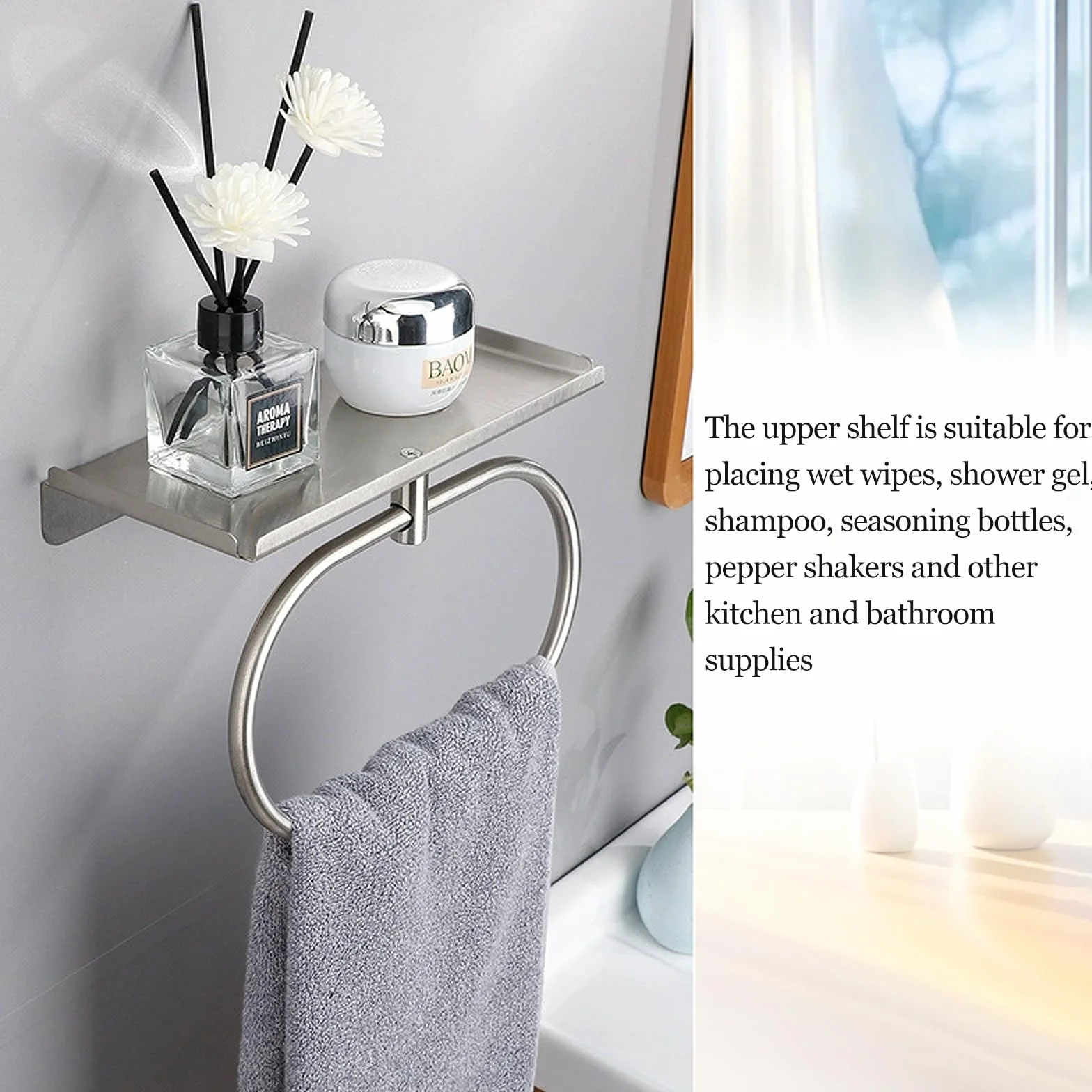 Porte Serviette Salle de Bain,Acier Inoxydable Porte Serviettes sans Perçage,Auto Adhésif Porte Serviettes Mural en INOX,Porte Serviette Murale Salle de Bain pour Cuisine,Hôtel (Argent)