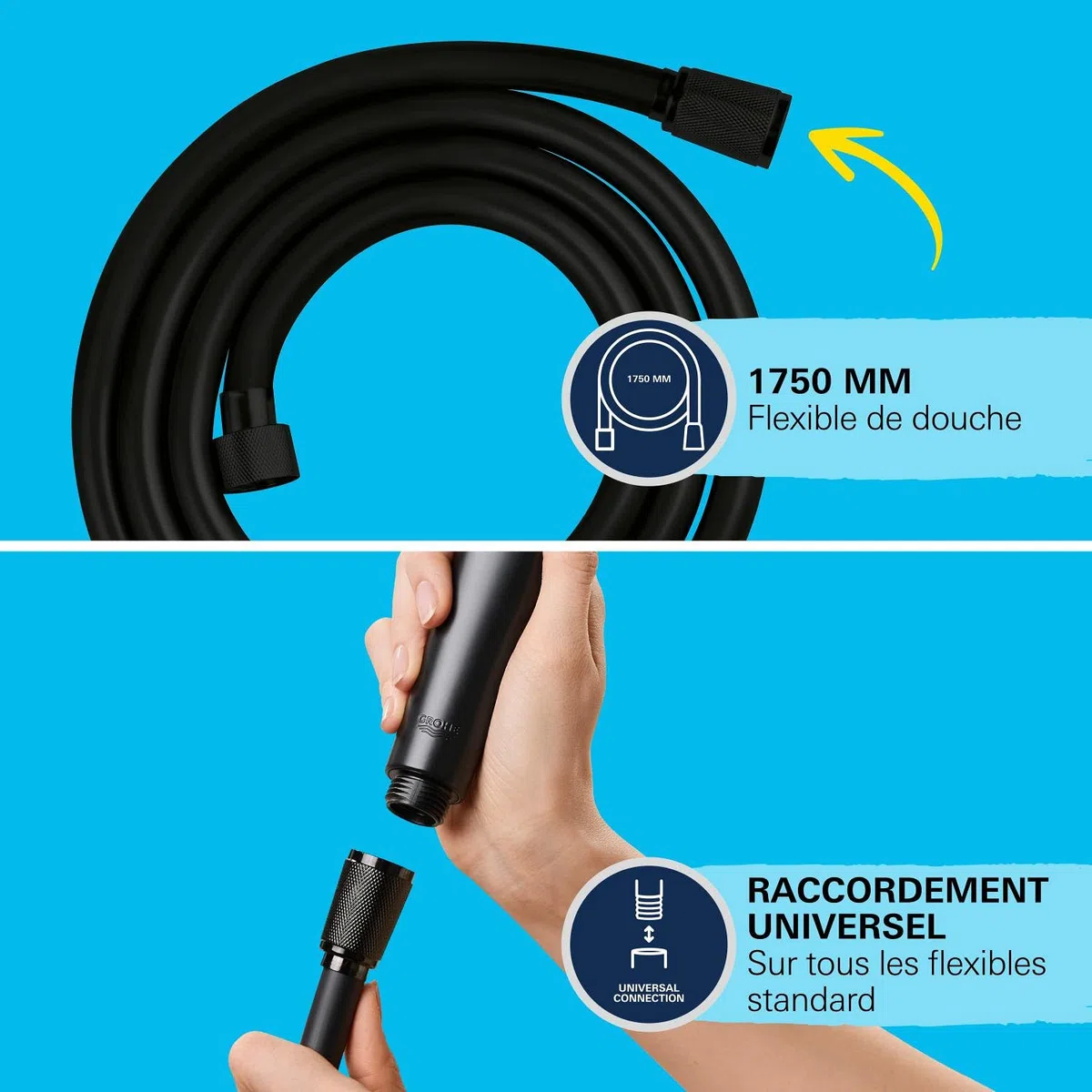 GROHE VitalioFlex Trend, Flexible de douche 1750mm, Surface lisse, Résistance jusqu'à 5 bars, Anti-pliures, Noir Mat, 287422432