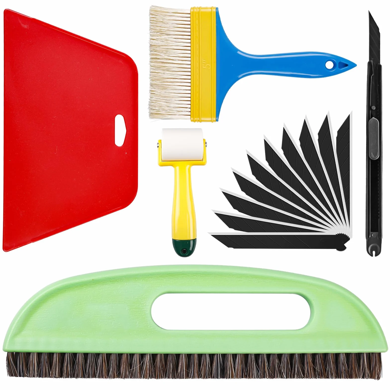 Lot de 6 outils de tapisserie, kit complet incluant brosse à tapisser, outils de tapissage, rouleaux, outil de coupe, outil de lissage de papier peint, set de papier peint pour contact adhésif