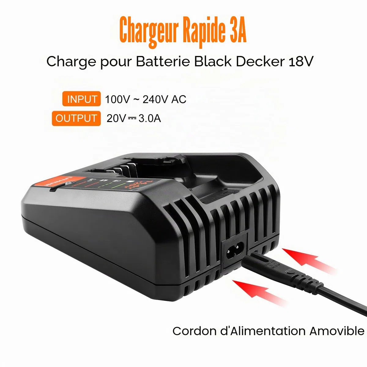 ENERGUP Chargeur de Rechange 3A pour Black & Decker Chargeur 18V Compatible pour Black+Decker Batterie 18V BL2018 BL4018 BL1518 LBXR20 LBXR20B（Incompatible avec Les Batteries d'outils GPC1800）